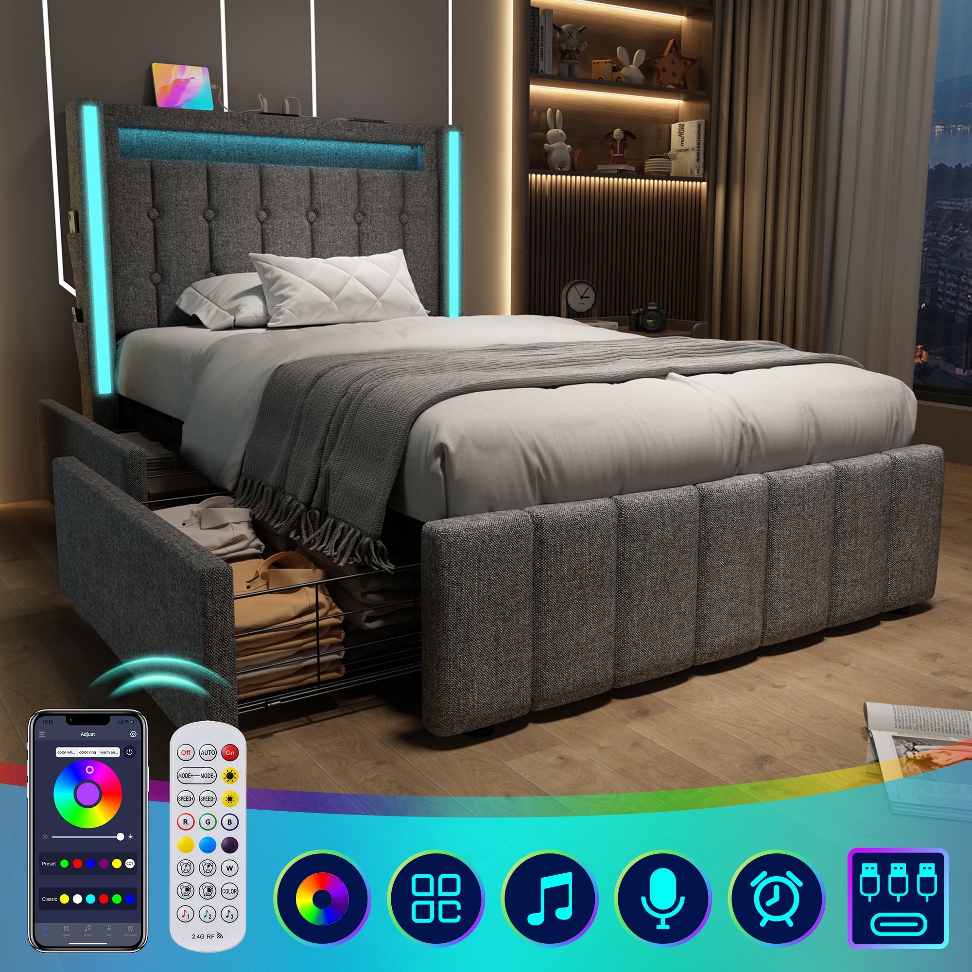 Lit LED 90x200 avec matelas, lit coffre gris rembourré avec sommier à lattes et tiroirs de rangement