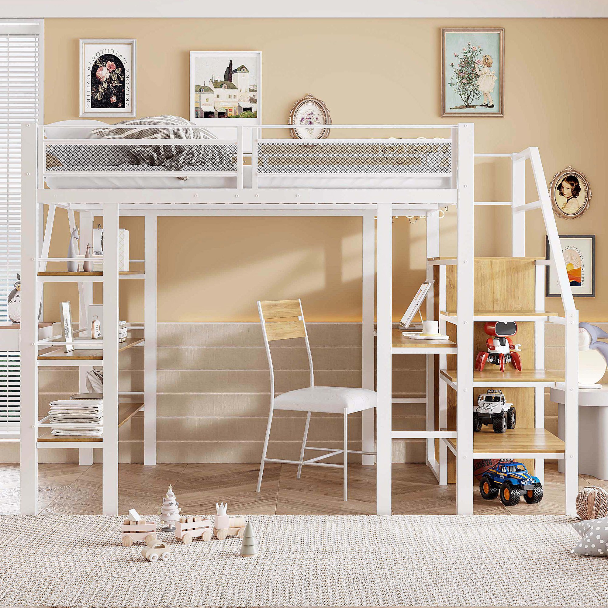 Lit mezzanine avec bureau intégré et armoire, 140x200, rangements multiples