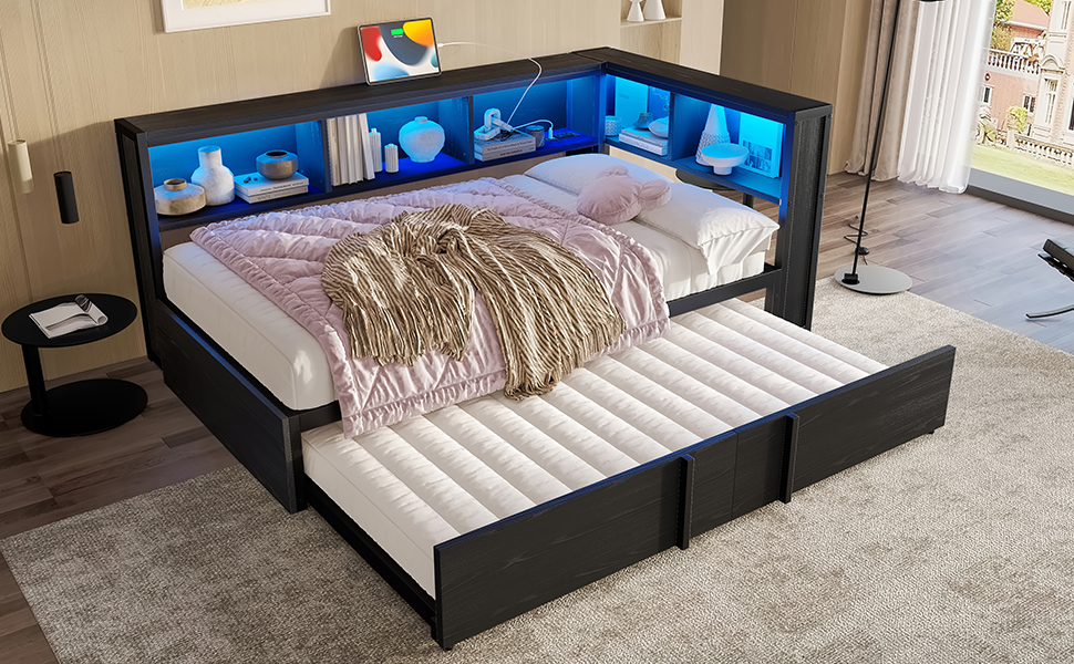 Lit gigogne 90x200 cm avec rangements et éclairage LED, métal noir