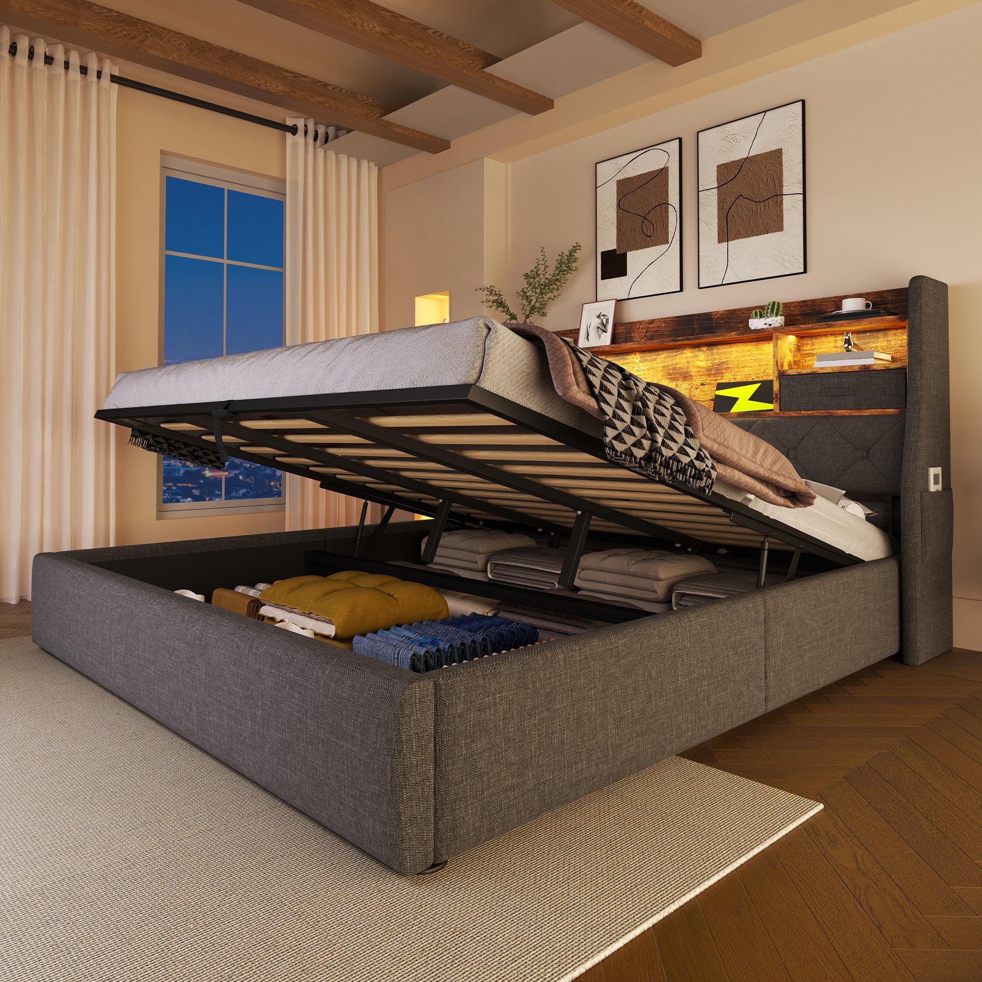 lit coffre 140x200 avec matelas 7 zones H3, tête de lit LED RGB, ports charge et rangement sous le couchage