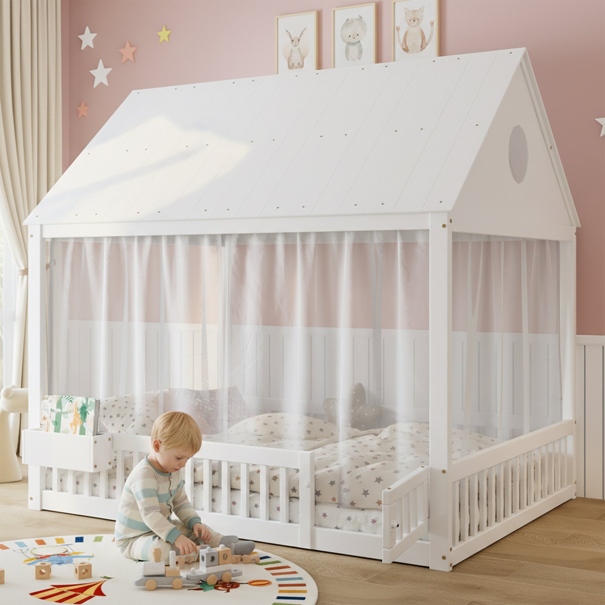 Lit enfant avec rangement intégré, rideaux décoratifs et sommier à lattes, 140x200 cm