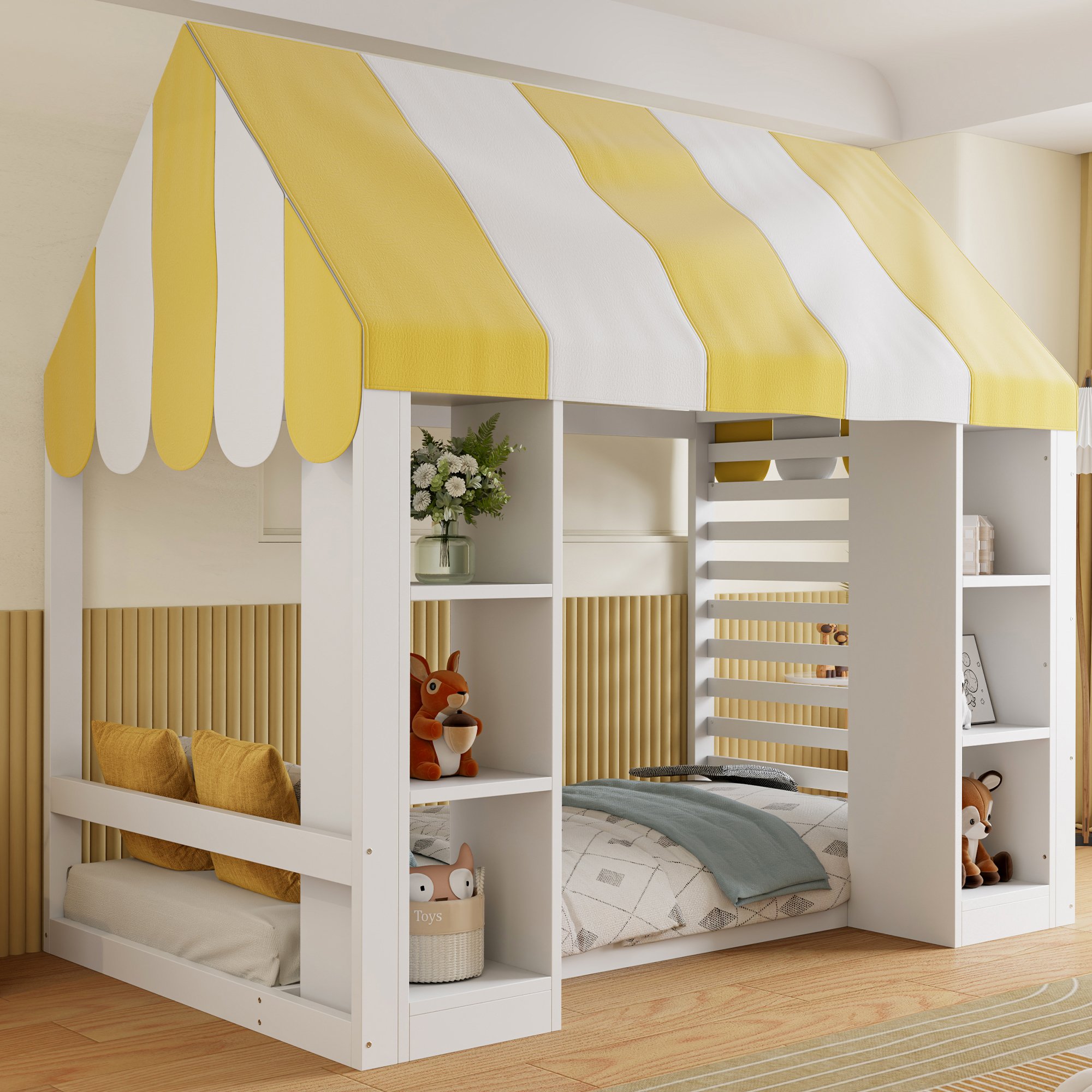 Lit mezzanine enfant 90x200 avec rangements intégrés et baldaquin, style champêtre, bois blanc