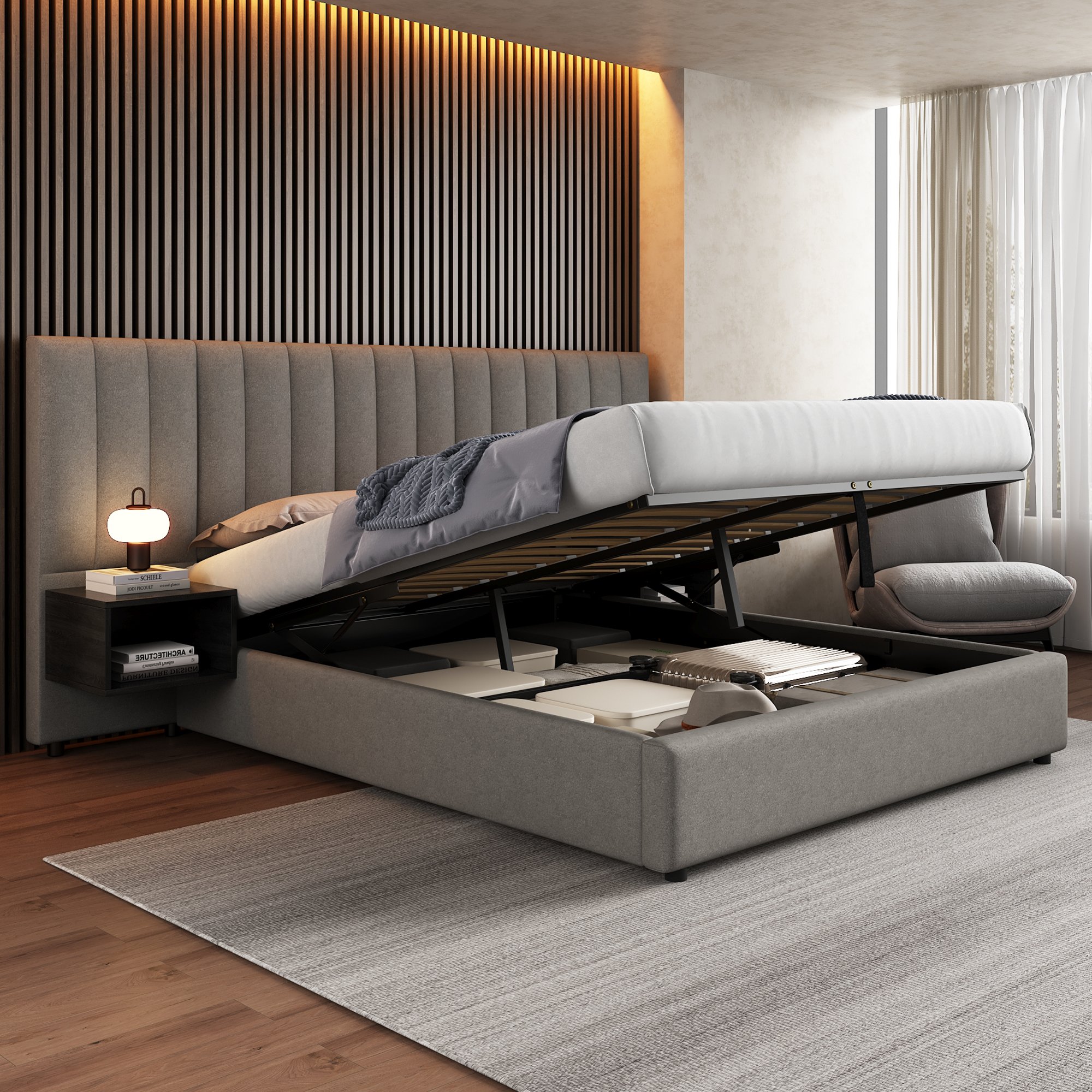 Lit coffre 160x200 cm pour adultes, capacité 300 kg, inclut sommier à lattes, tables de chevet et espace de rangement caché