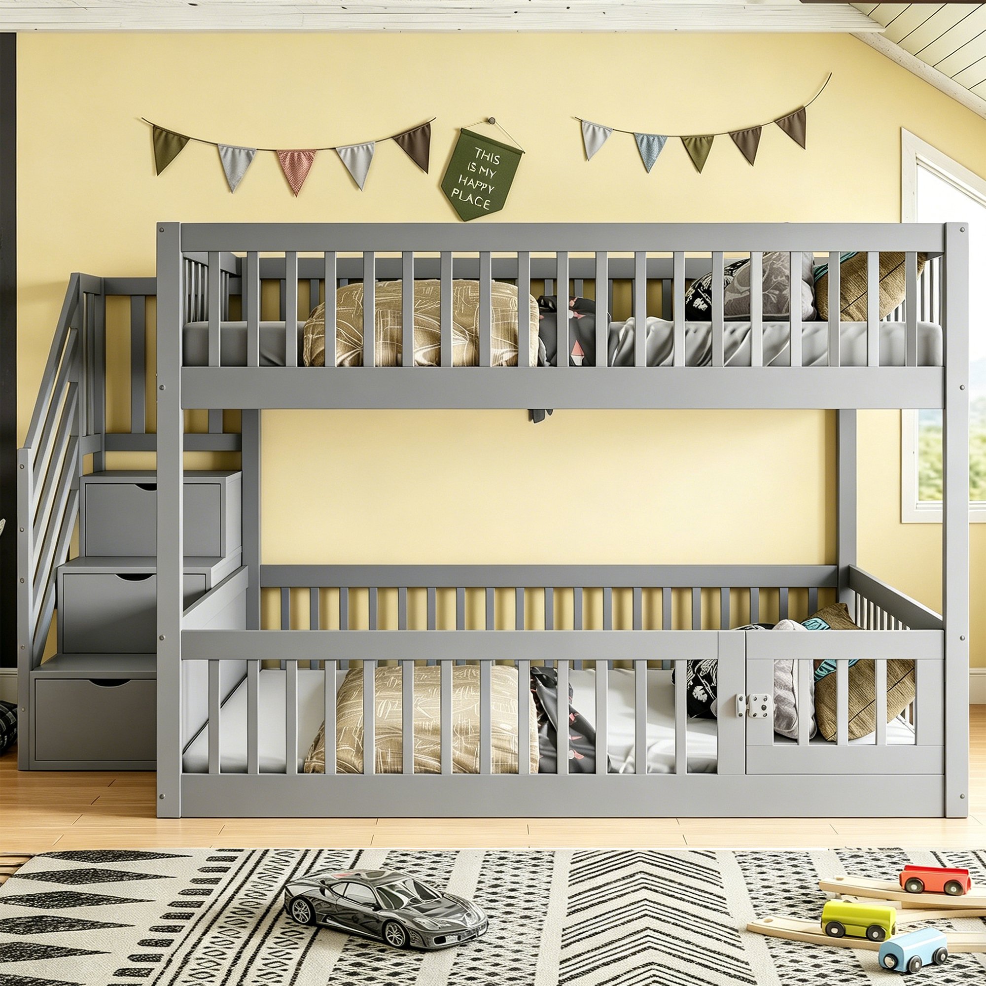 Lit superposé enfant 140x200 avec échelle et rangement, bois massif gris, sécurité renforcée