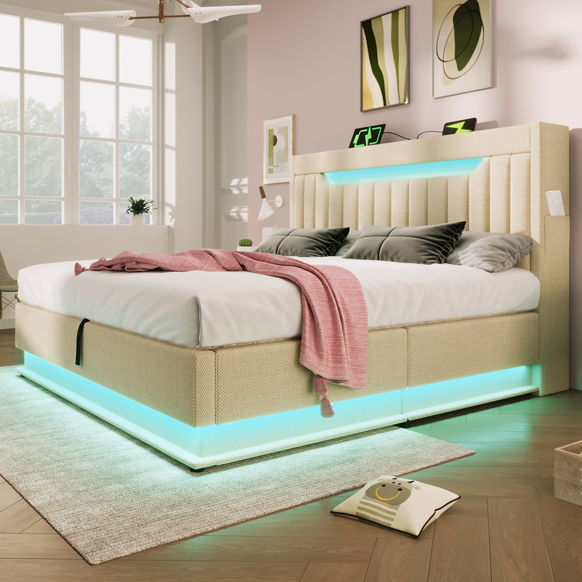 lit coffre 140x200 avec LED musicale et USB Type-C, tête de lit rembourrée beige, rangement hydraulique et sommier à lattes