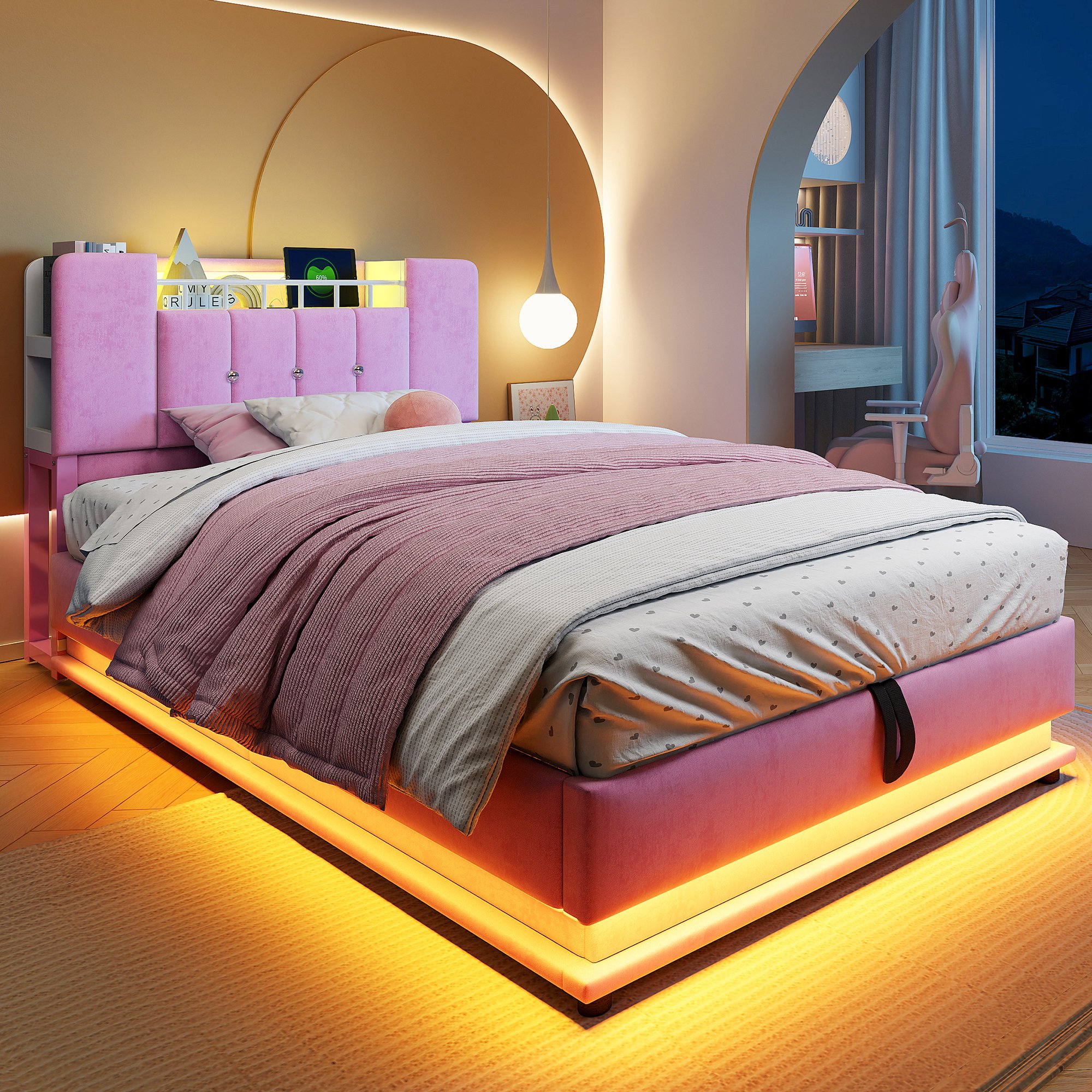 Lit coffre 90x200 en velours rose avec LED, USB et rangement hydraulique
