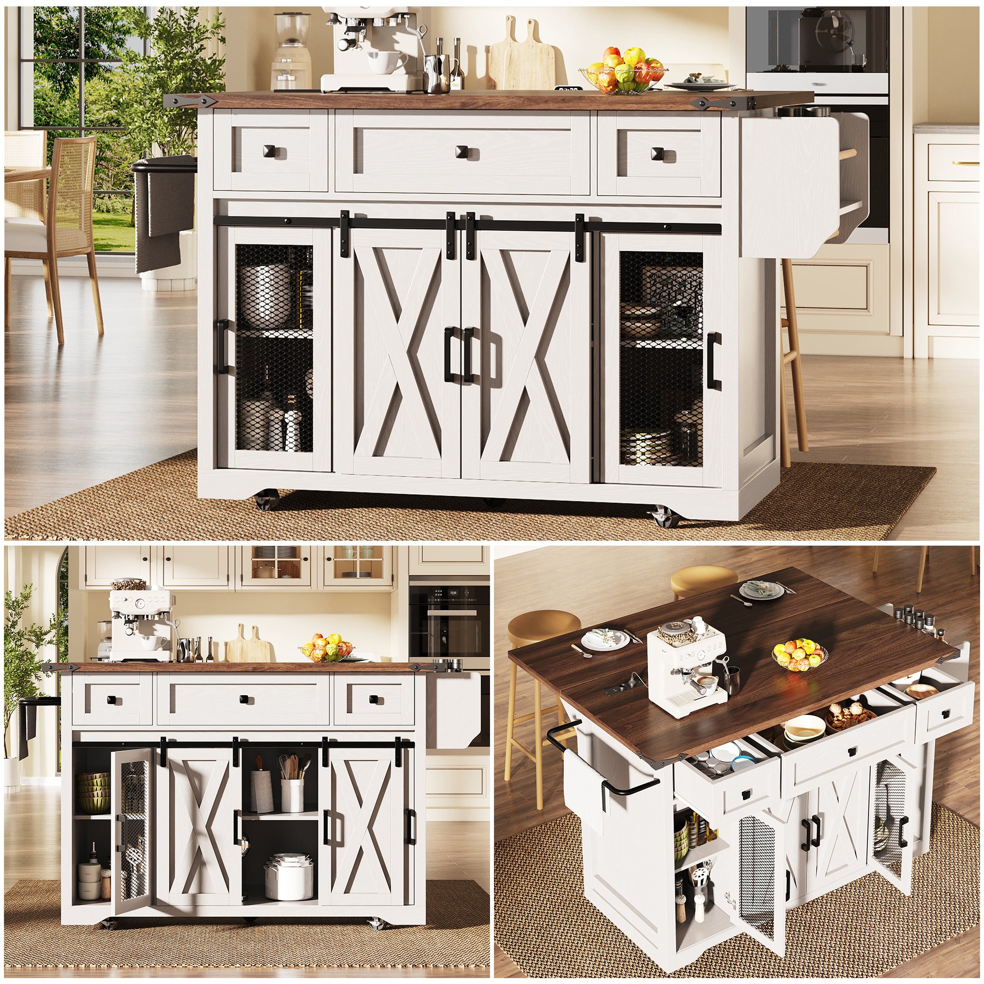 Îlot de cuisine blanc avec plan de travail extensible, 91 cm, 3 tiroirs, portes coulissantes, 5 roulettes, 75 kg, 120x45 cm