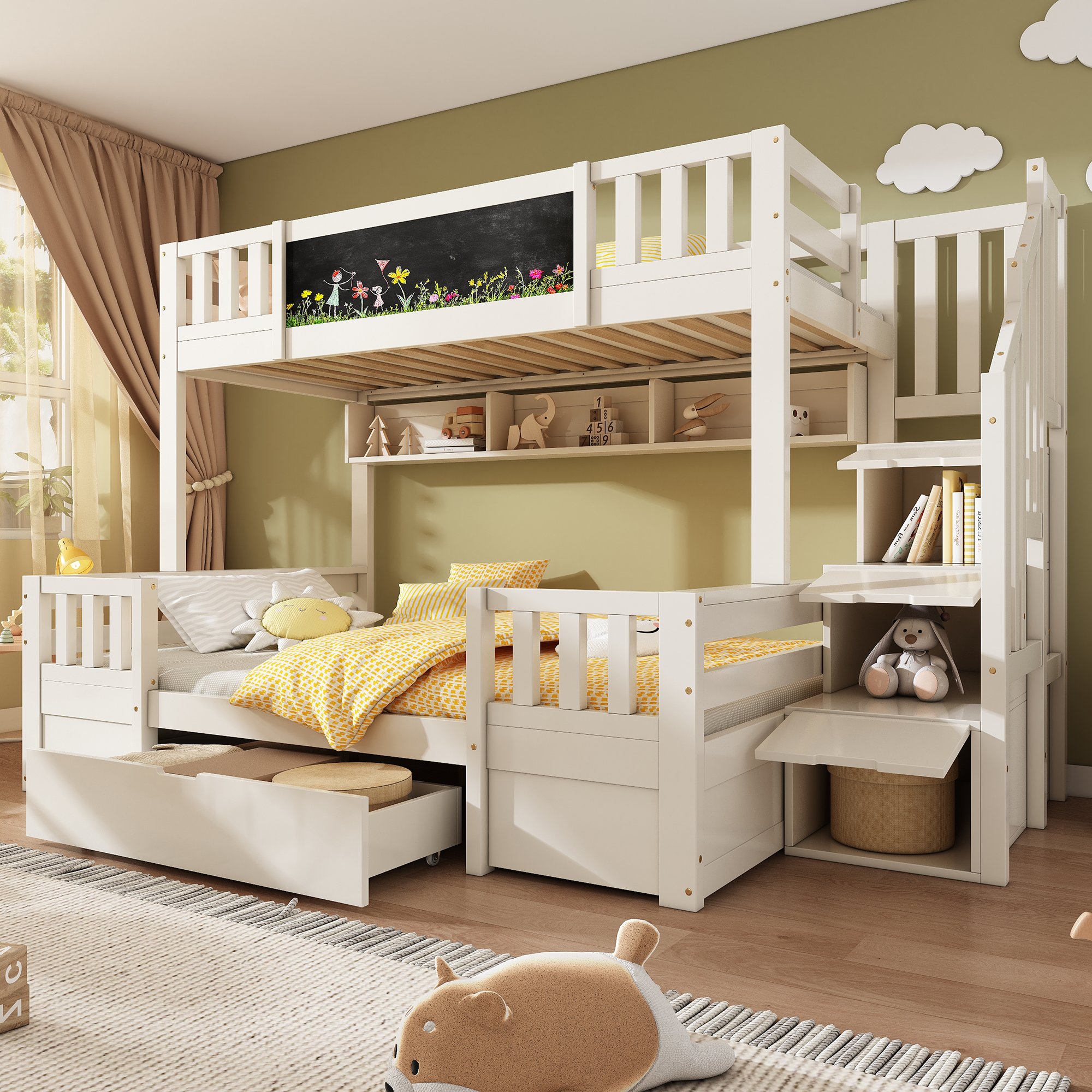 Lit superposé enfant avec escalier rangement et tiroirs, tableau craie intégré pour enfants, bois massif blanc