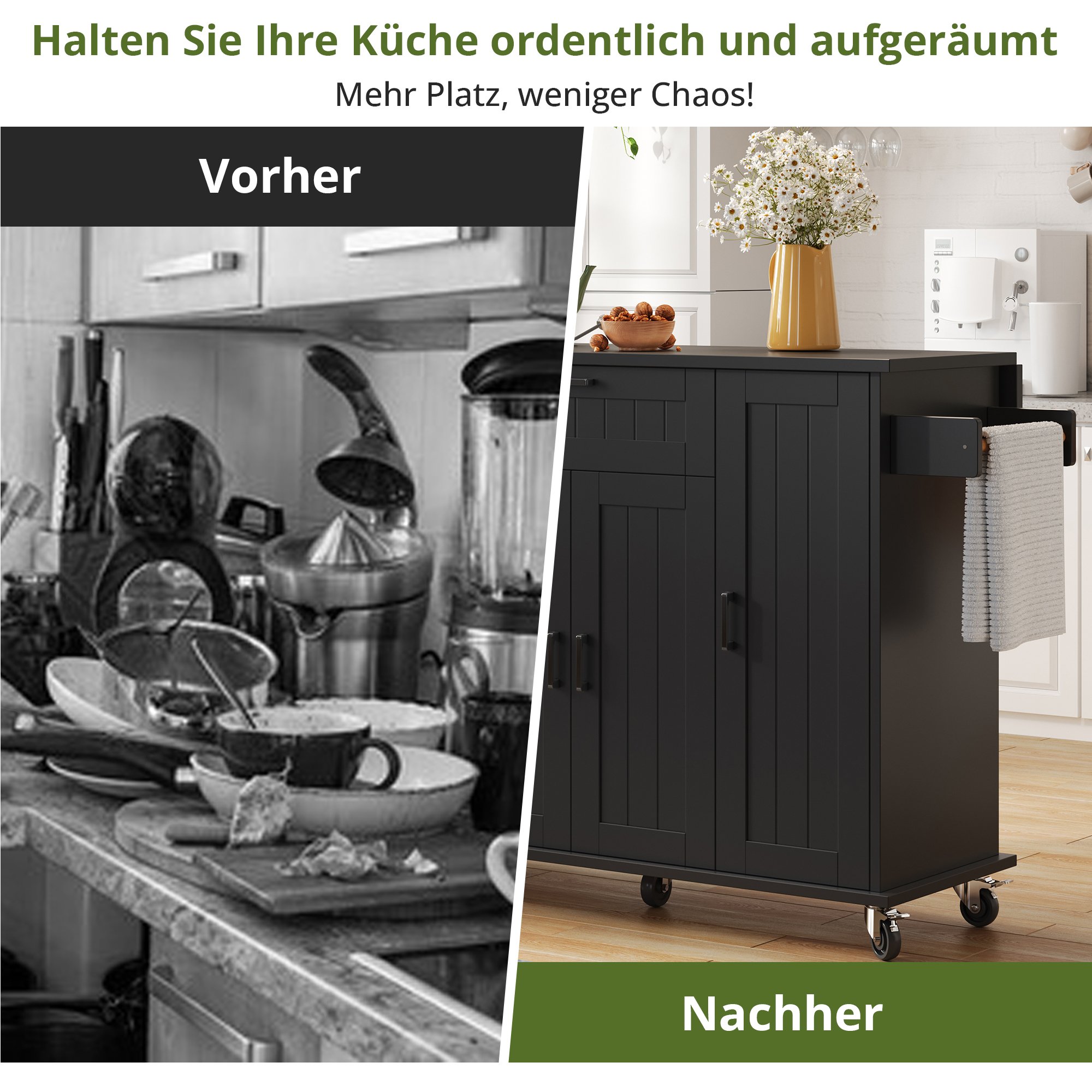 Îlot de cuisine mobile avec plan de travail rabattable et rangements intégrés, 4 portes, tiroir, étagères à épices, noir, 120 cm