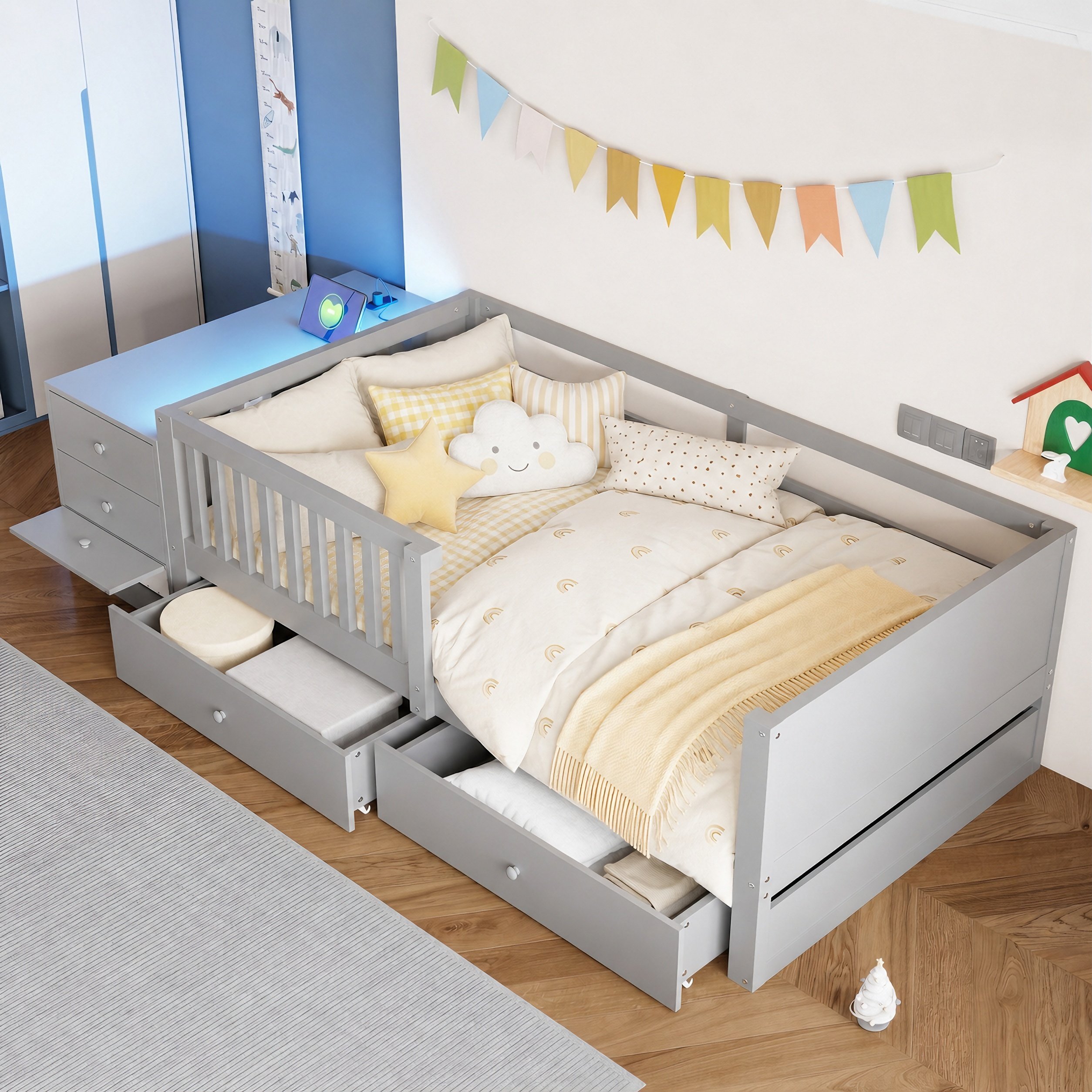 Lit mezzanine 90x200 avec rangement et bureau, LED, gris, pour enfant