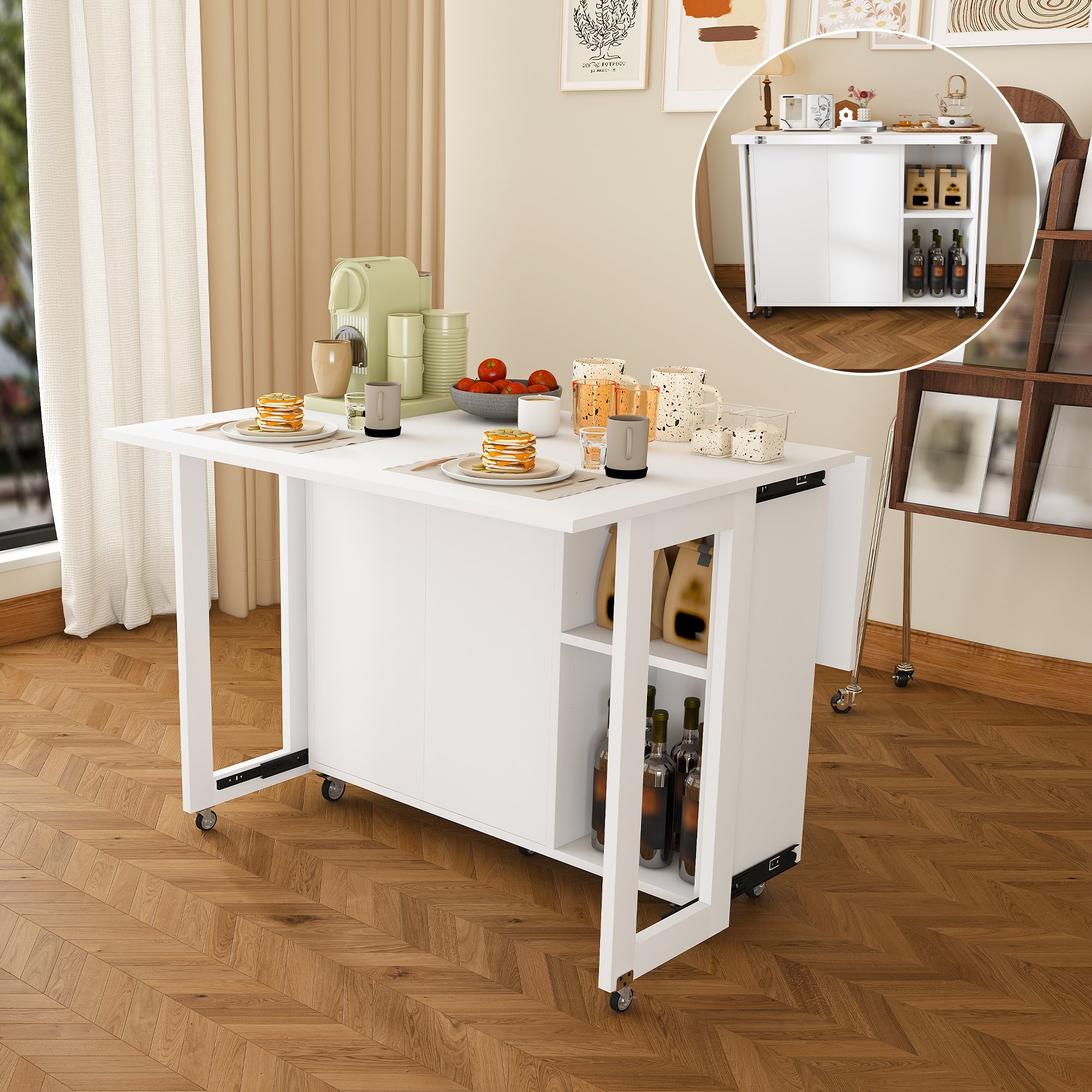 Îlot de cuisine blanc avec rangement, pliable 3 en 1, roulettes 360° avec freins, plan de travail imperméable, dimensions 100x105x75 cm