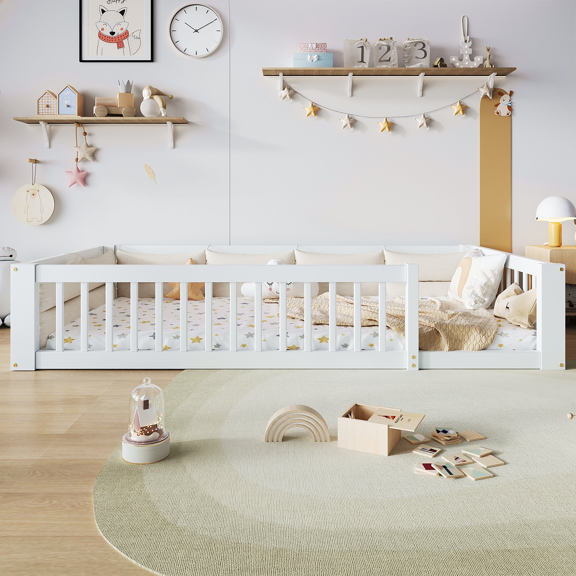Lit plateforme 90x200 blanc avec coussin et protection latérale, à monter soi-même