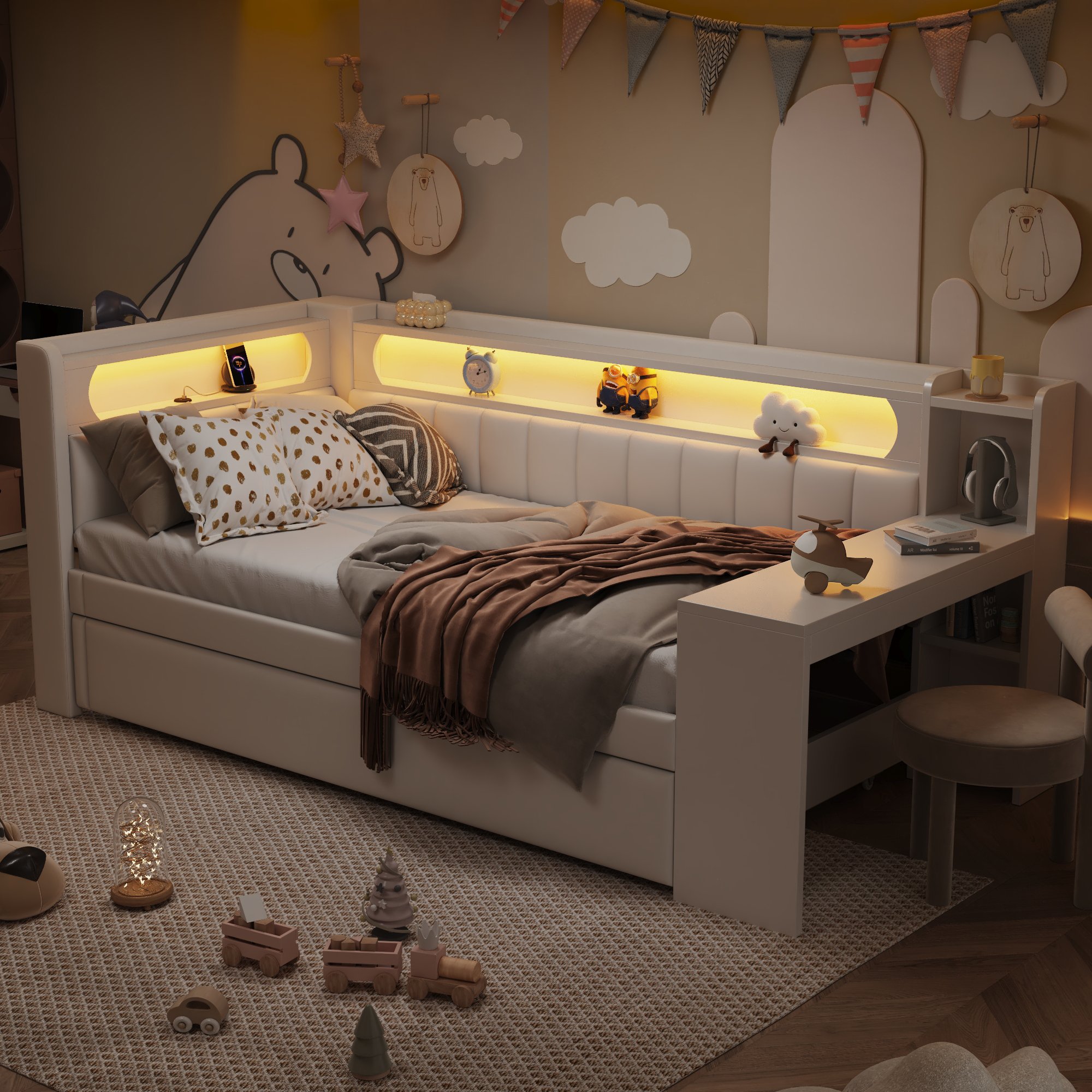 Lit gigogne 90x200 blanc avec LED, USB, bureau et rangement, rembourré en lin
