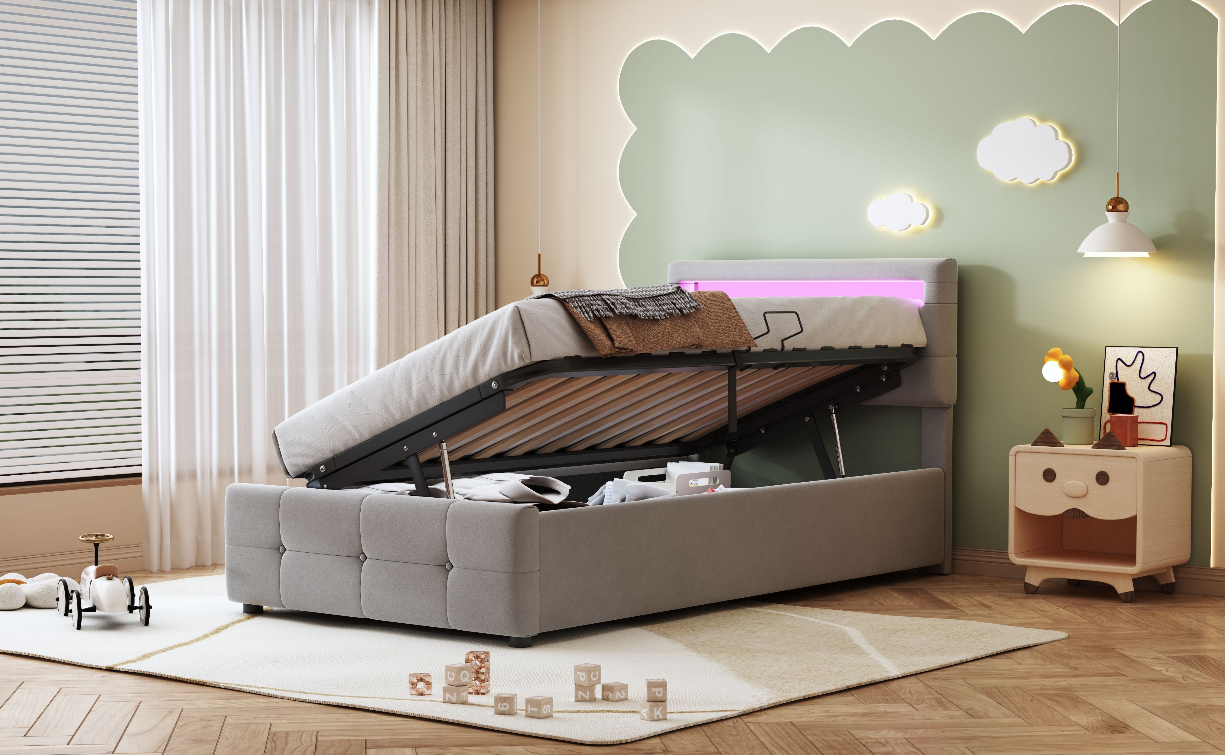 Lit coffre 90x200 cm en velours gris, structure Panneau composite de fibres de bois à densité et métal, avec rangement hydraulique