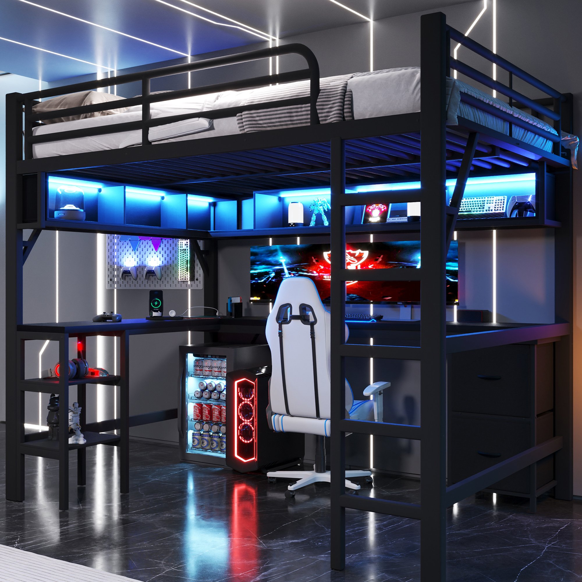 Lit mezzanine 140x200 avec bureau intégré, rangements et LED, métal noir, échelle incluse