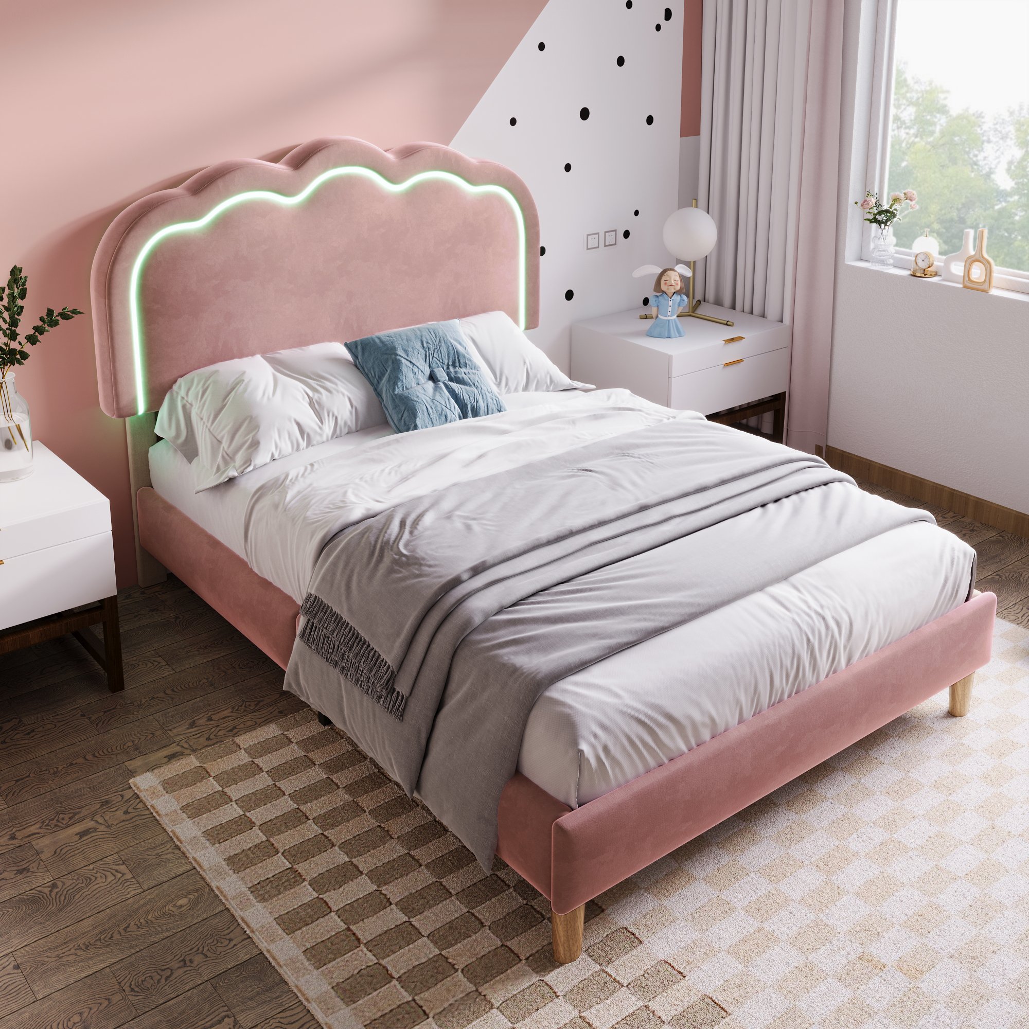 Lit 90x190 avec tête de lit LED musicale et réglable, cadre de lit rembourré en velours rose pour ambiance cosy et design
