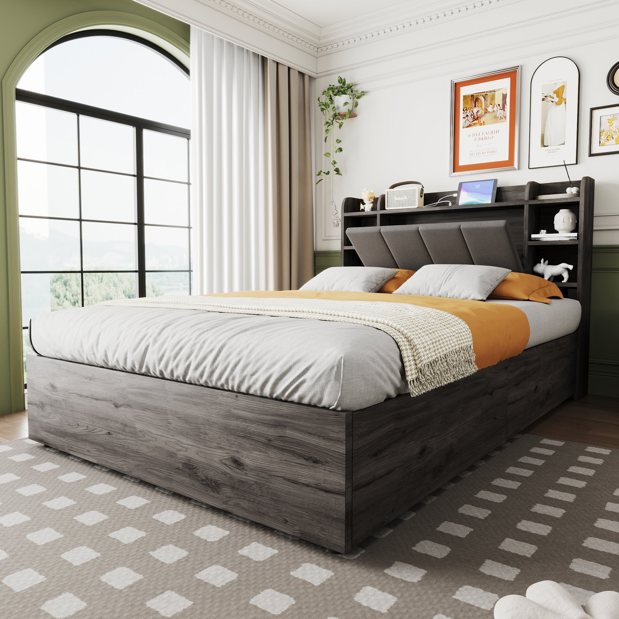 Lit coffre 140x200 gris avec rangement hydraulique, tête de lit avec étagères, USB et Type-C, sommier à lattes