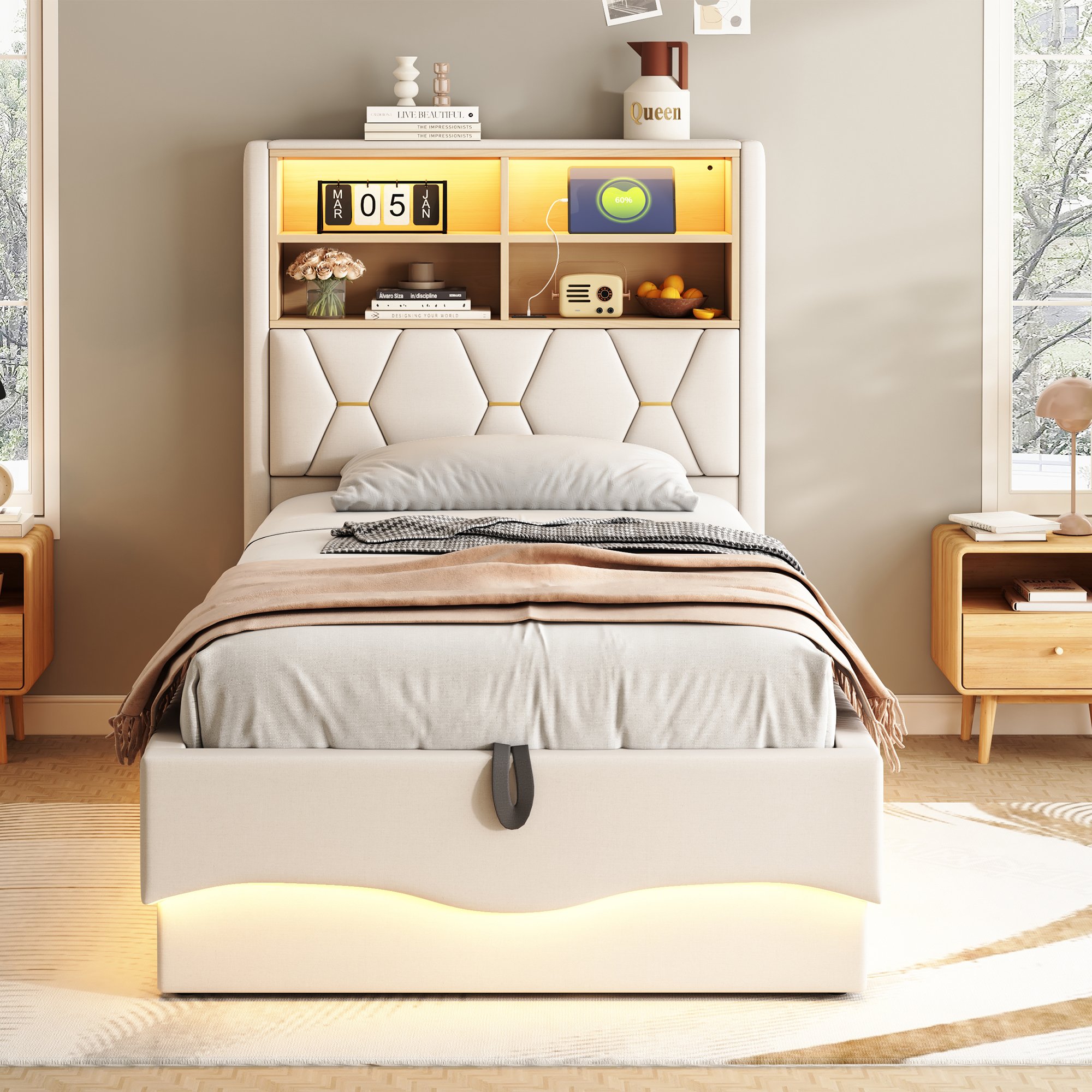 Lit coffre 90x200 en lin beige, structure métallique, avec sommier à lattes et rangement