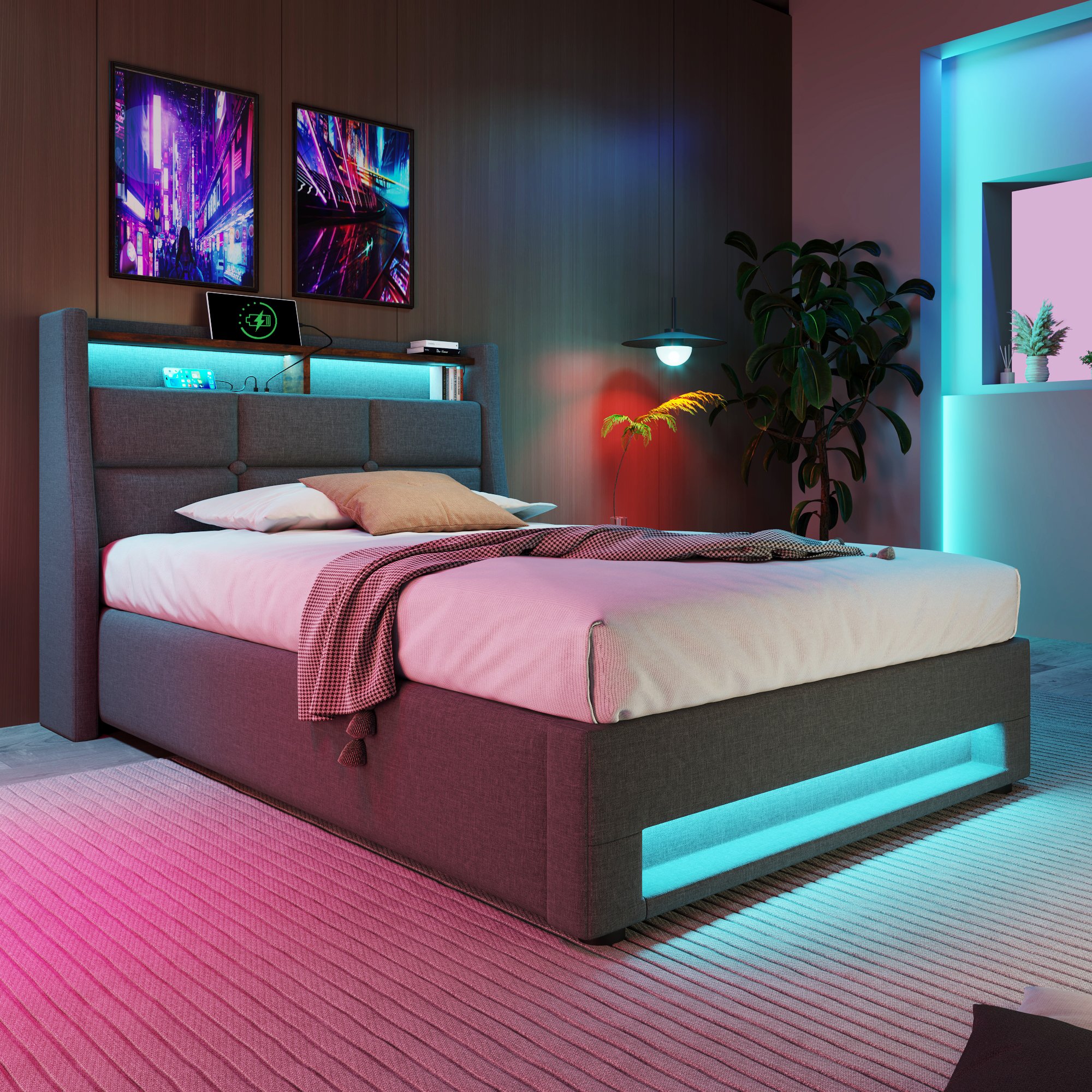Lit coffre 90x200 avec LED et USB, lit rembourré gris en lin avec sommier à lattes et matelas inclus