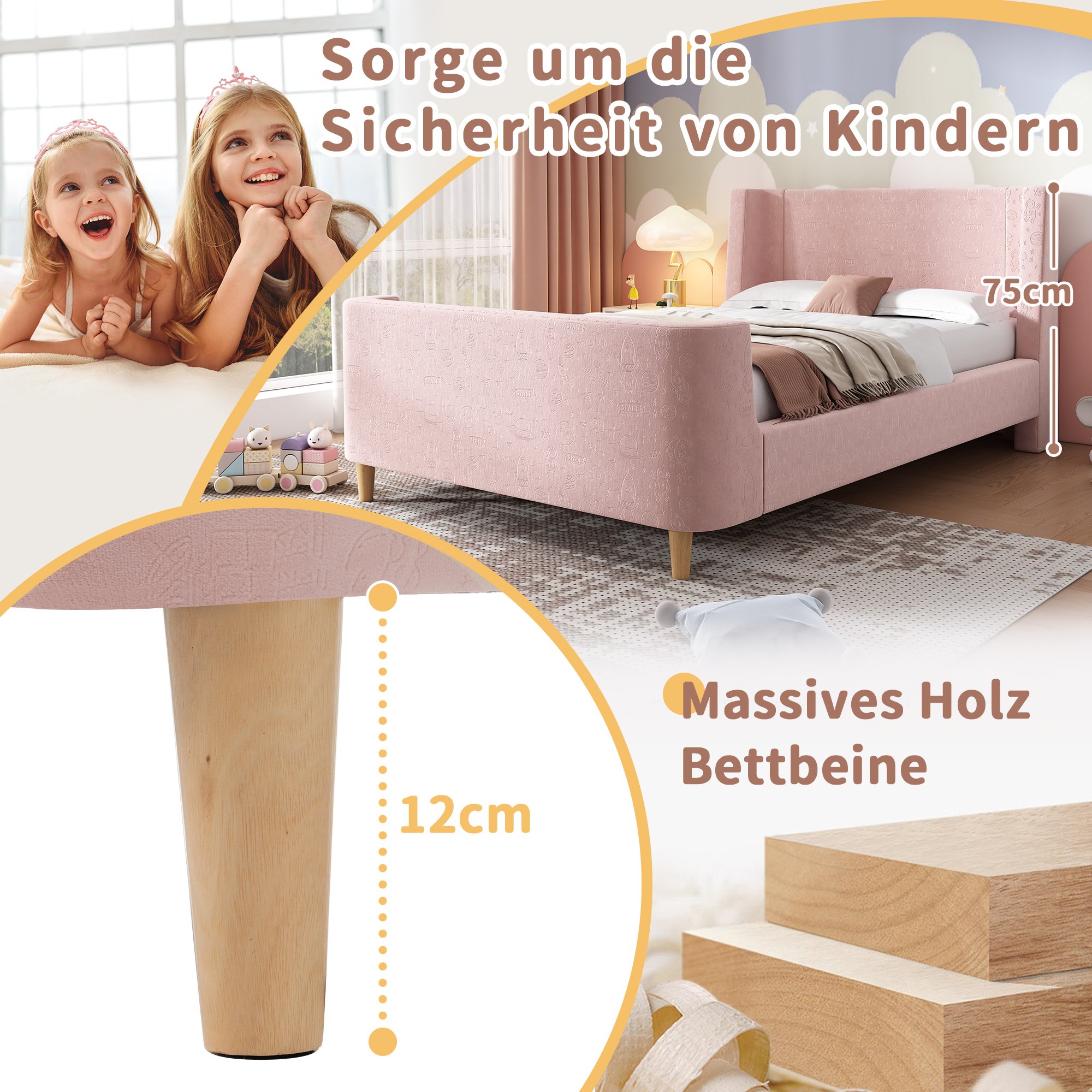 Lit enfant 90x200 cm, cadre de lit en velours rose avec motif cosmique et tête de lit rembourrée pour chambre d'enfant