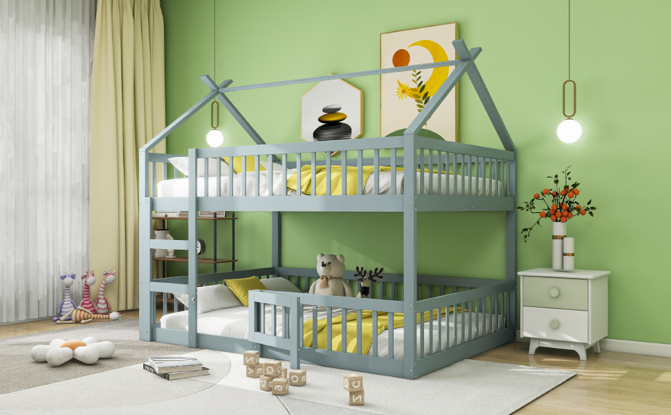 Lit superposé enfant 140x200 avec escalier et rangement, bois massif gris, familial