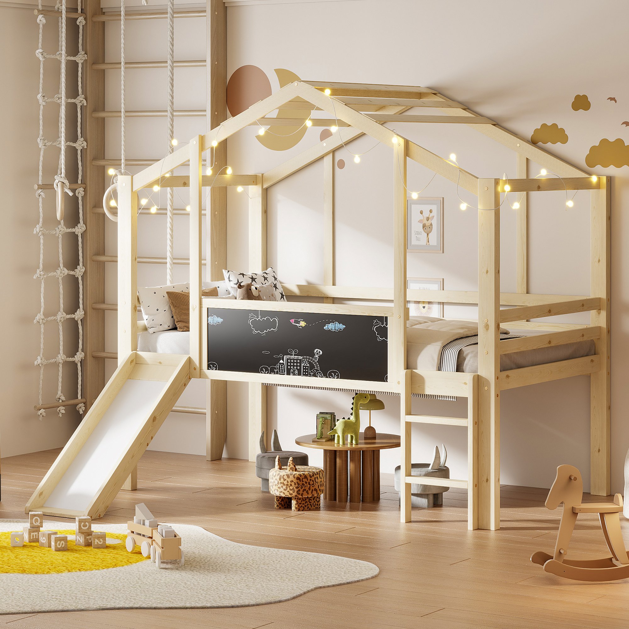 Lit mezzanine enfant 90x200 en bois massif avec toboggan, tableau ardoise et échelle