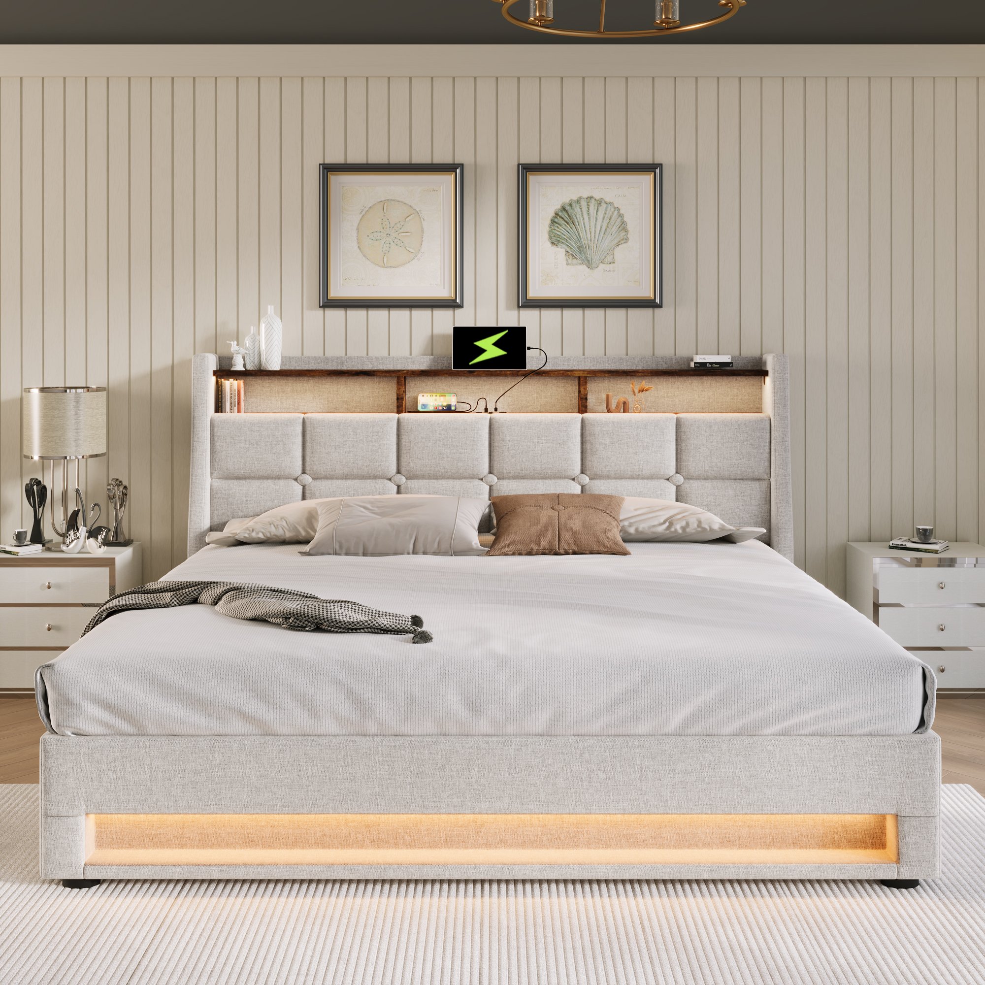 Lit double avec sommier et matelas, lit 140x200 rembourré beige LED USB, cadre de lit moderne avec rangement hydraulique