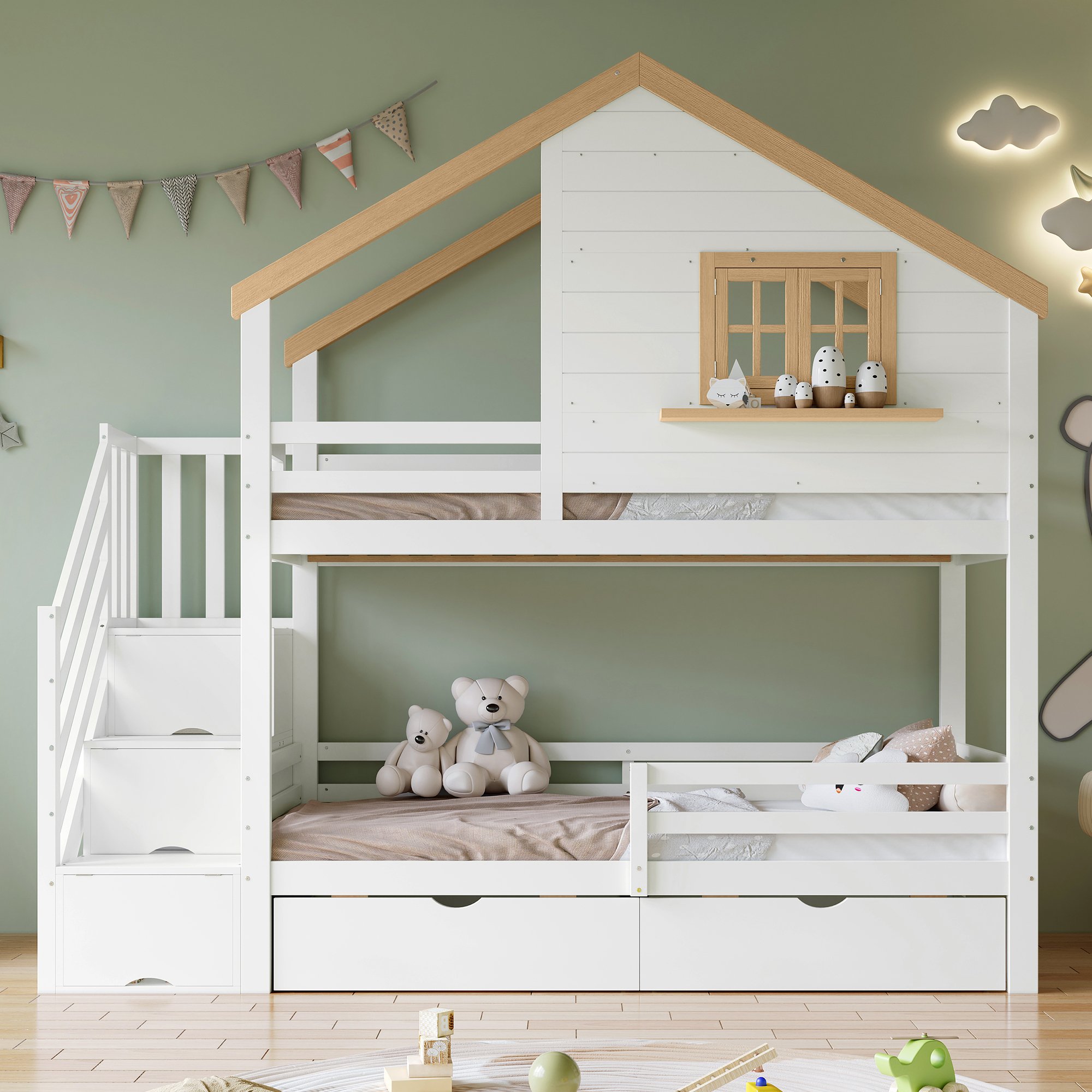 Lit superposé 90x200 avec rangement et escalier, design maison avec fenêtre, blanc et naturel