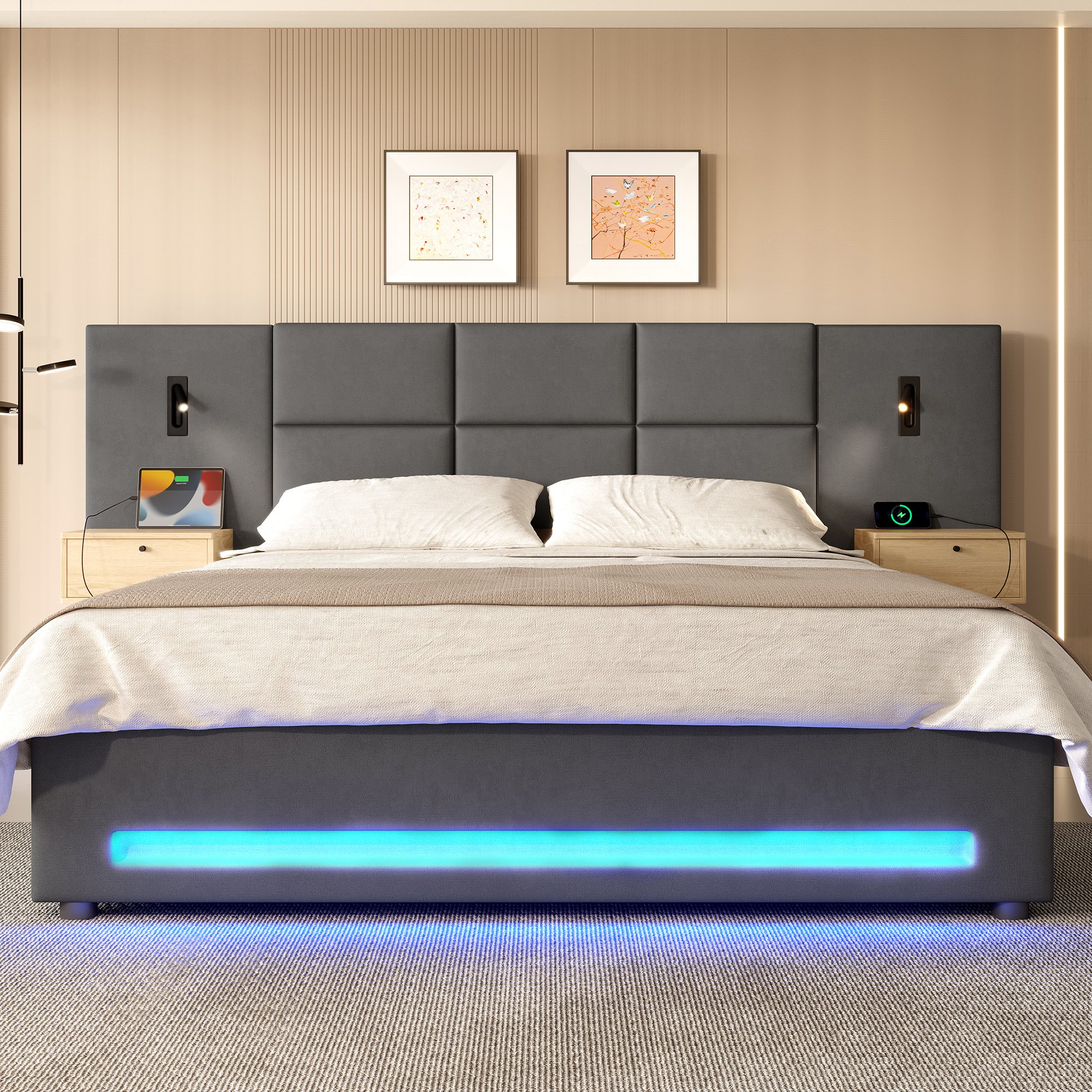 Lit coffre 180x200 en velours gris foncé avec rangement hydraulique, LED, USB-C et sommier à lattes
