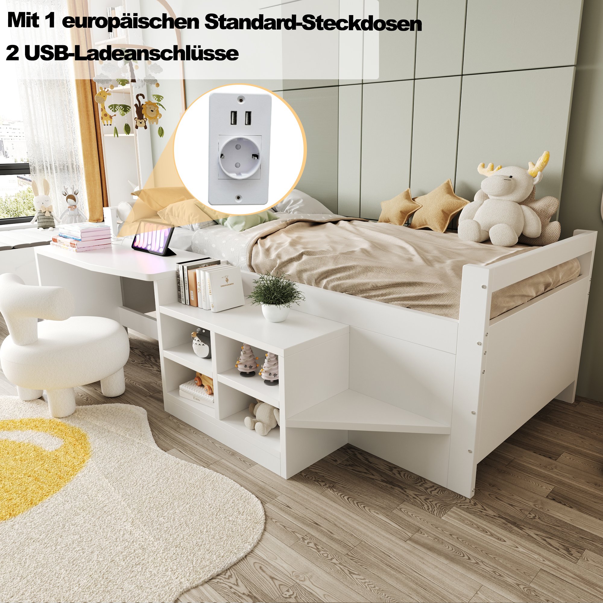 Lit enfant 90x200 avec bureau et rangements intégrés - Lit blanc avec prises USB et échelle