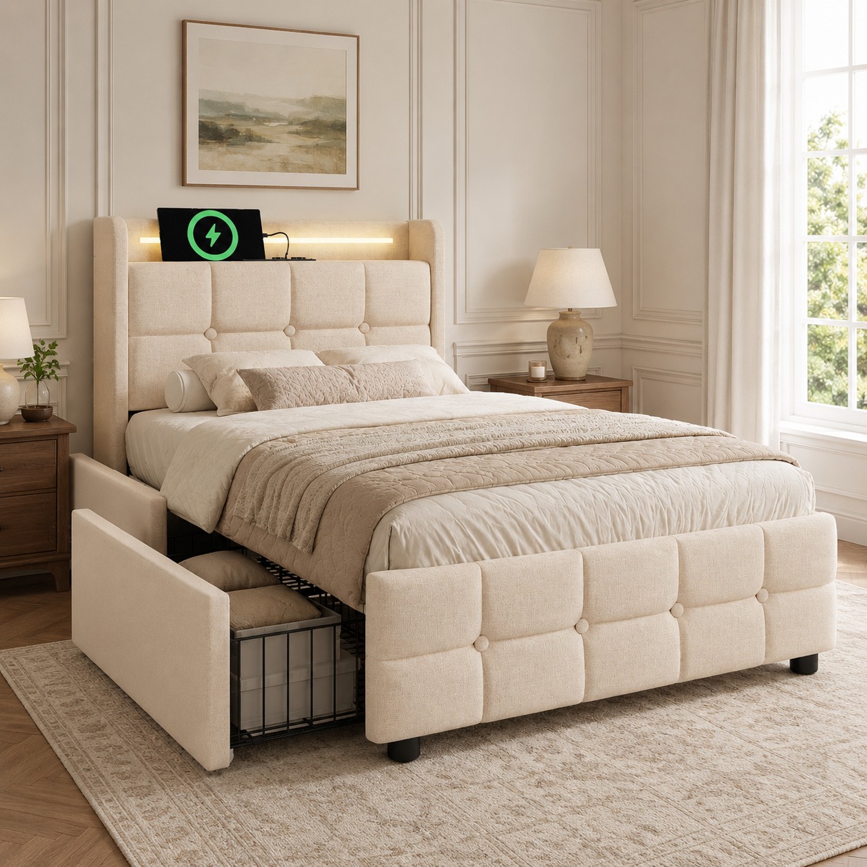 Lit coffre 90x200 avec LED et USB, cadre de lit beige capitonné avec sommier à lattes et 2 grands tiroirs de stockage