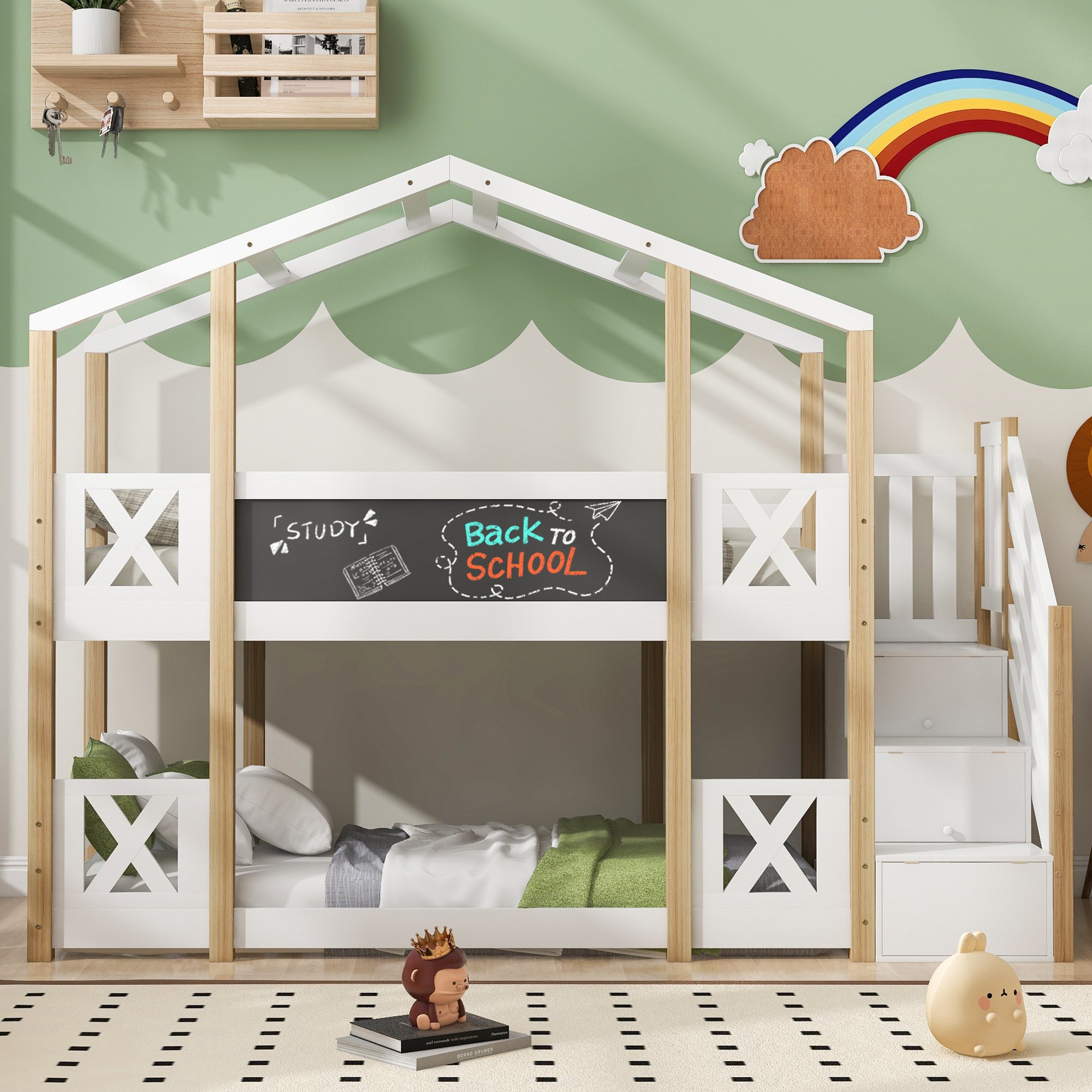 Lit superposé enfant 90x200 cm pin blanc et naturel avec échelle de sécurité et rangement intégré pour chambre d'enfant