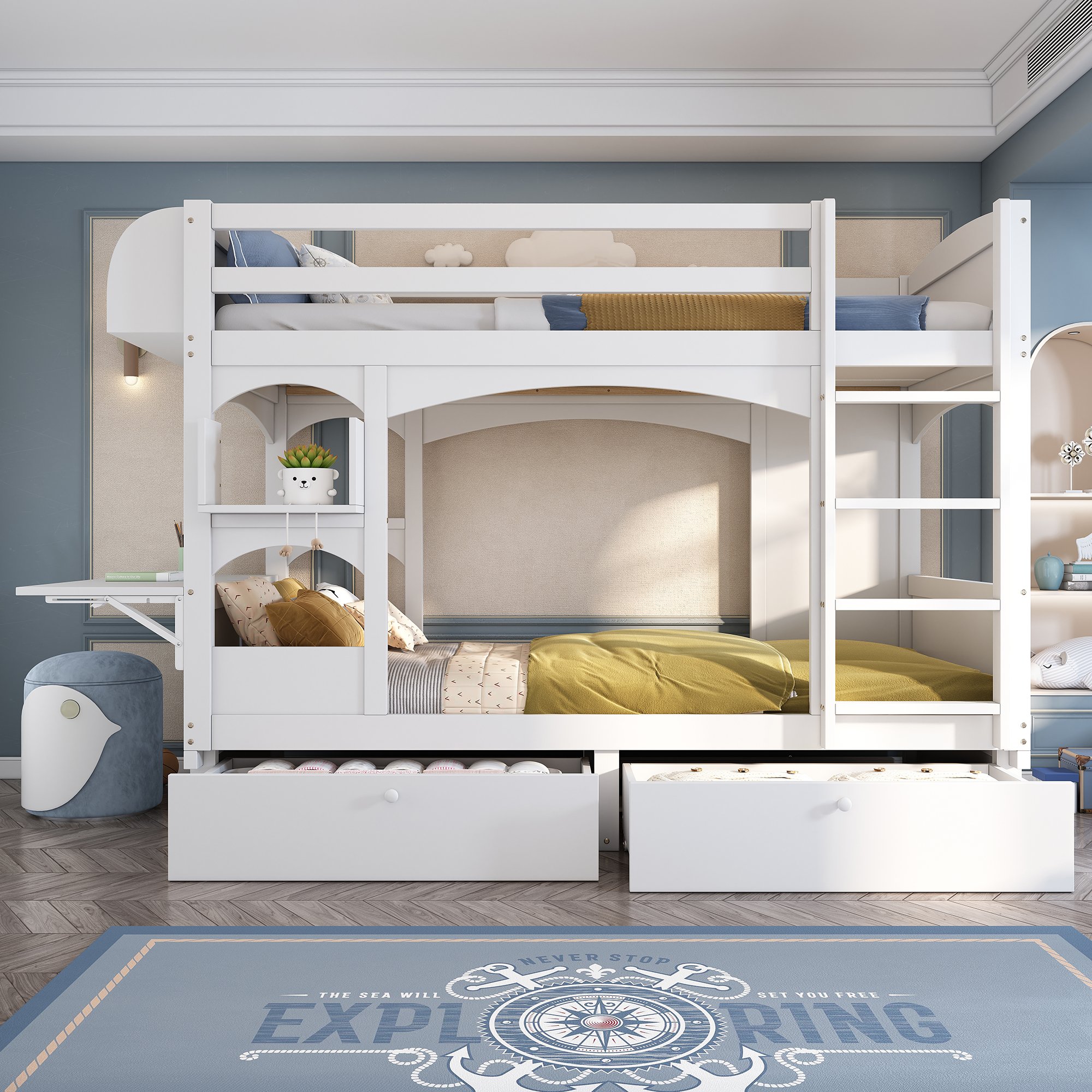 Lit superposé enfant 90x200 cm blanc, charge max 300 lbs par niveau, avec bureau pliable, étagères et tiroirs de rangement
