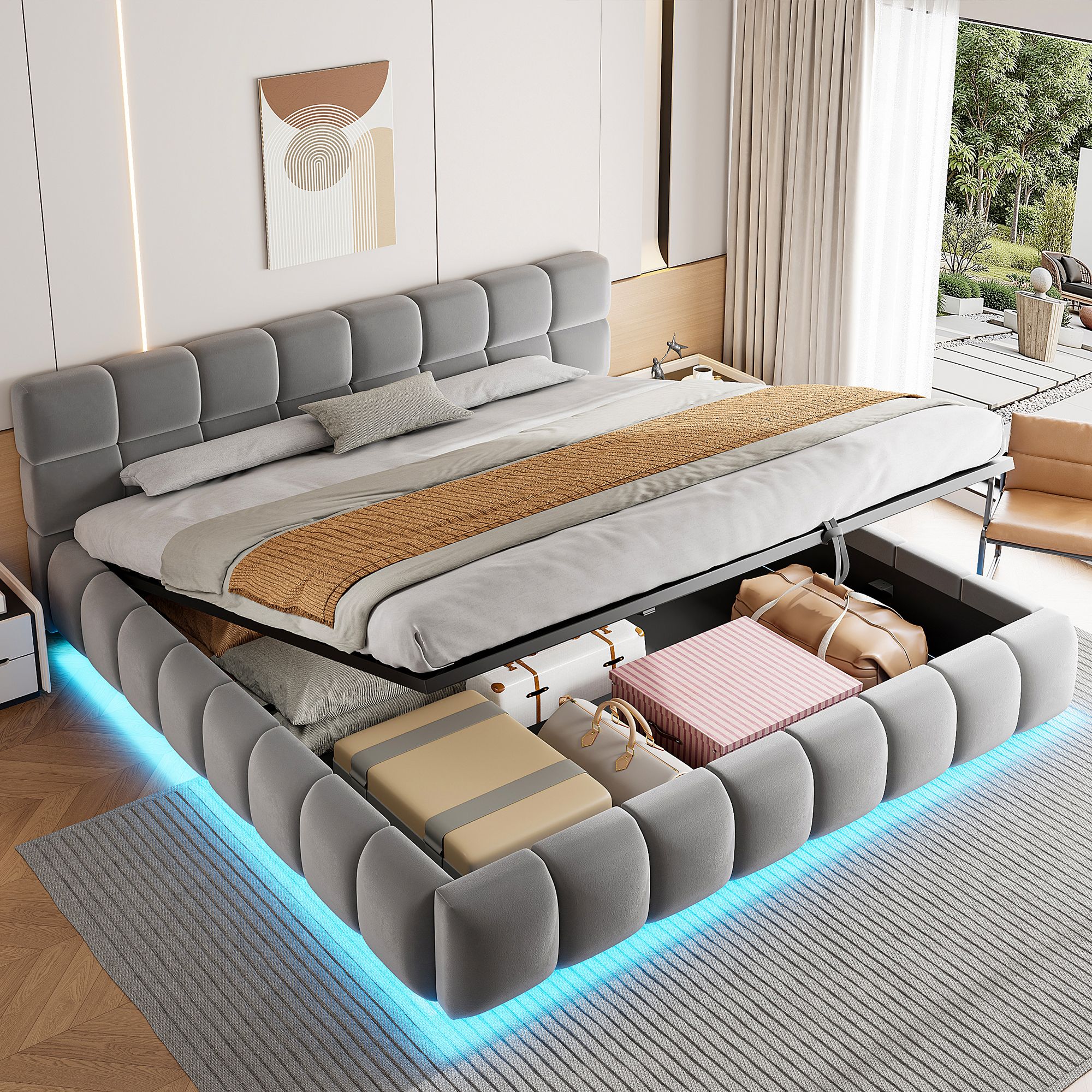 Lit coffre 180x200 avec LED, velours gris, rangement hydraulique, sommier à lattes, sans matelas