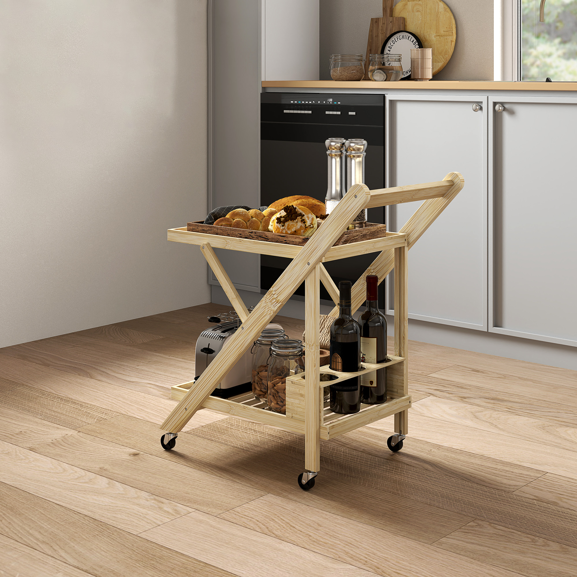 Îlot de cuisine en bambou naturel, structure pliable avec 2 étagères, plan de travail, porte-bouteilles, roulettes, 66x40x70 cm