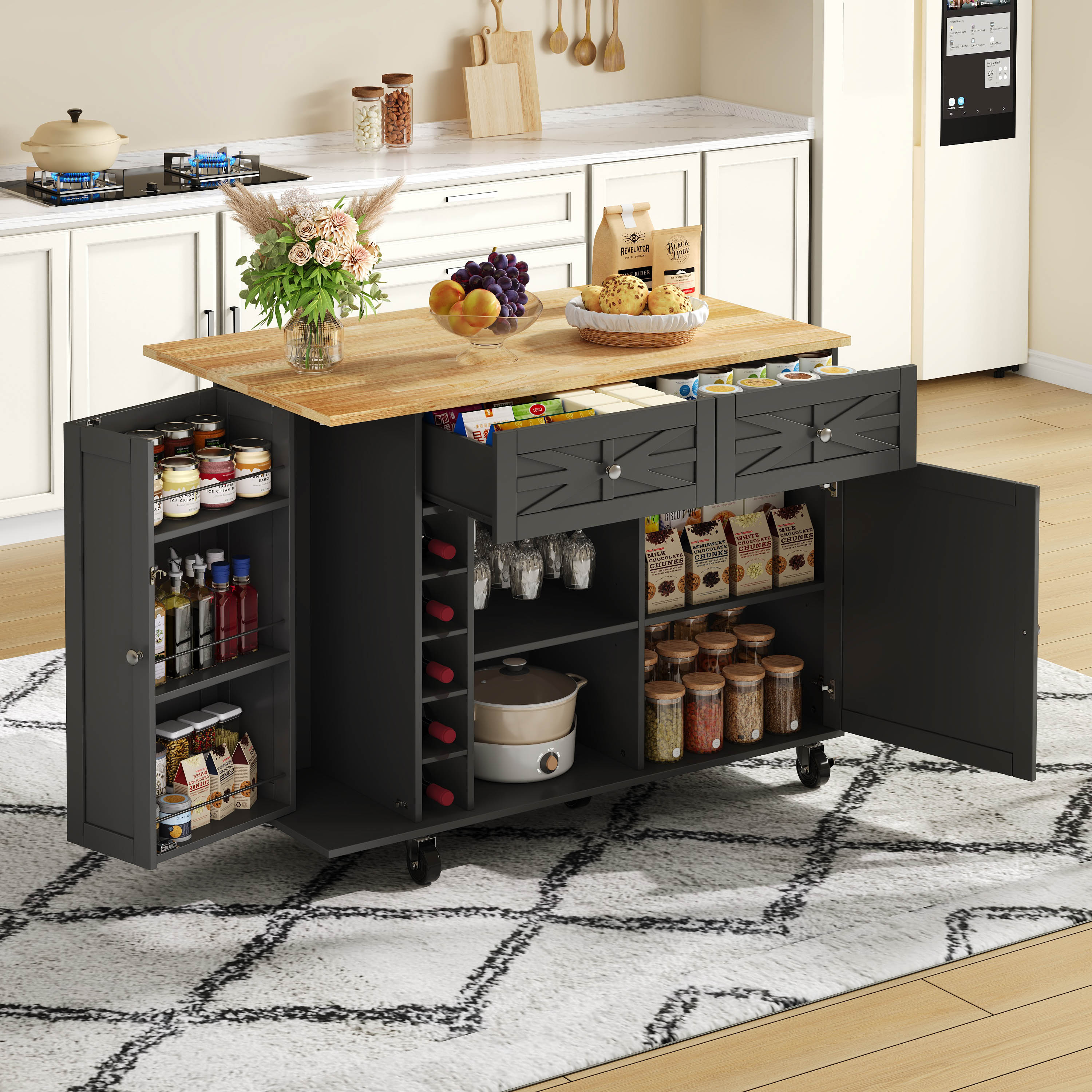 Îlot de cuisine noir avec plan de travail rabattable, 5 roulettes verrouillables, rangement, porte-bouteilles, porte-verres, Panneau composite de fibres de bois à densité, 120x45(70)x89 cm