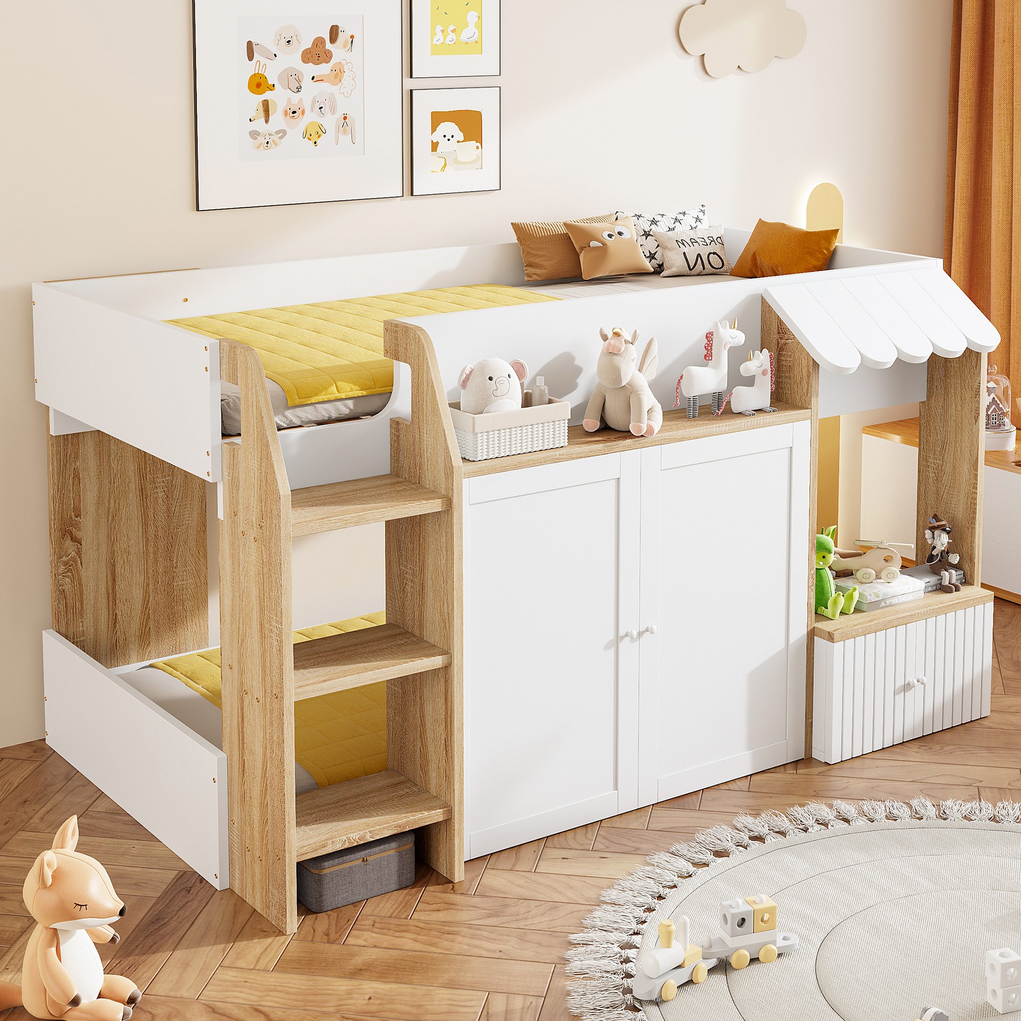 Lit cabane enfant 90x200 avec rangement, échelle et toit, sans matelas, blanc et bois