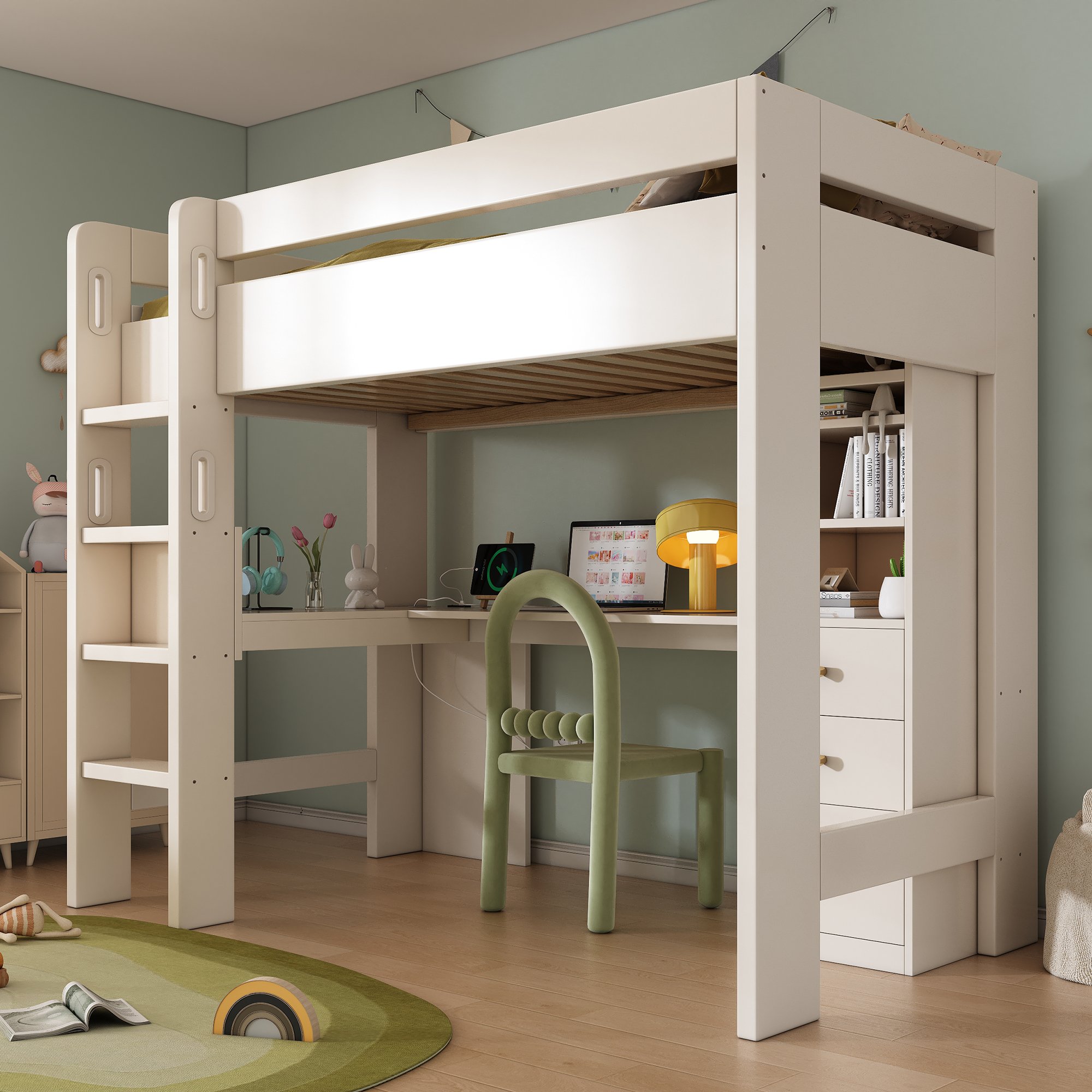 Lit mezzanine 90x200 avec bureau en L et USB, tiroirs profonds et étagères ouvertes, structure bois Panneau composite de fibres de bois à densité blanc pour adolescent