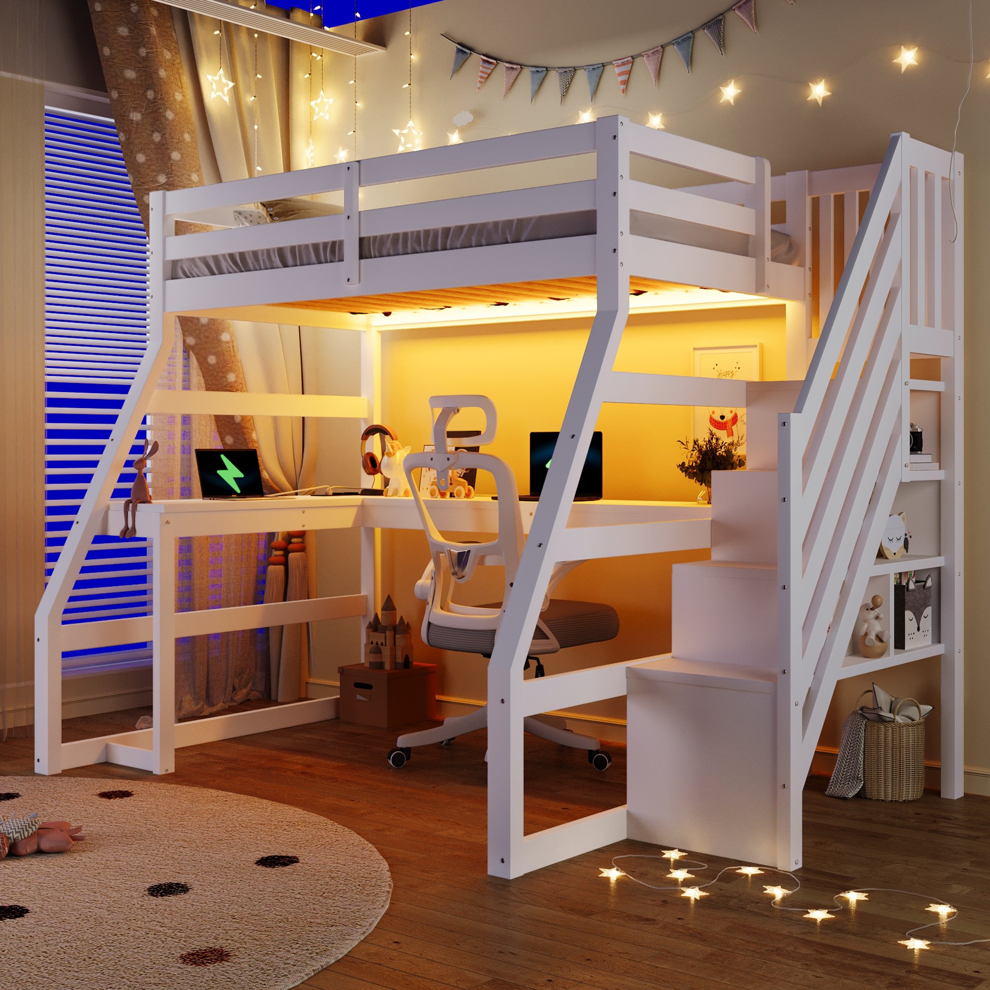 Lit mezzanine avec bureau intégré, LED et rangement dans l'escalier, couchage 90x200