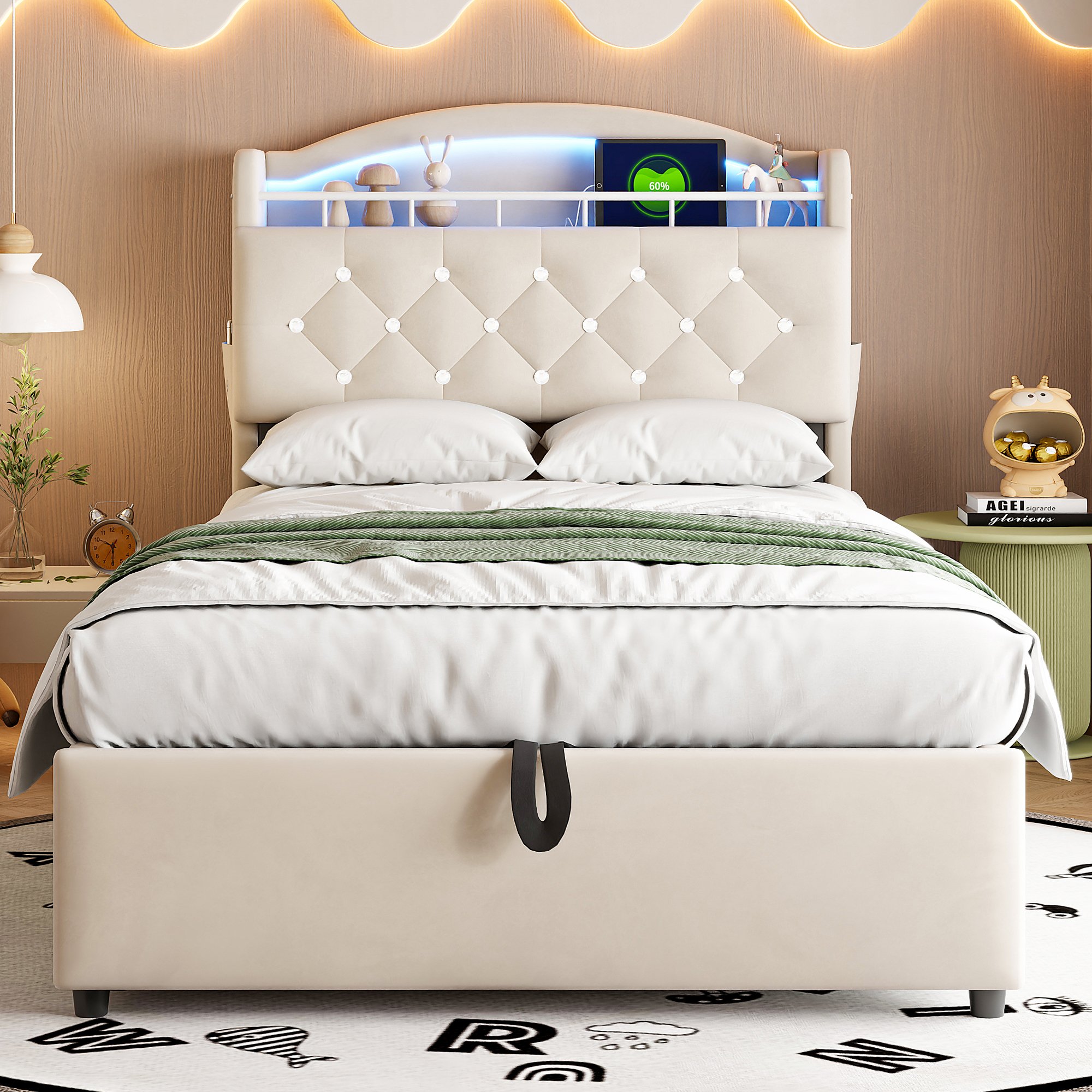 Lit coffre 90x200 en velours beige avec rangement hydraulique, LED, USB et sommier à lattes
