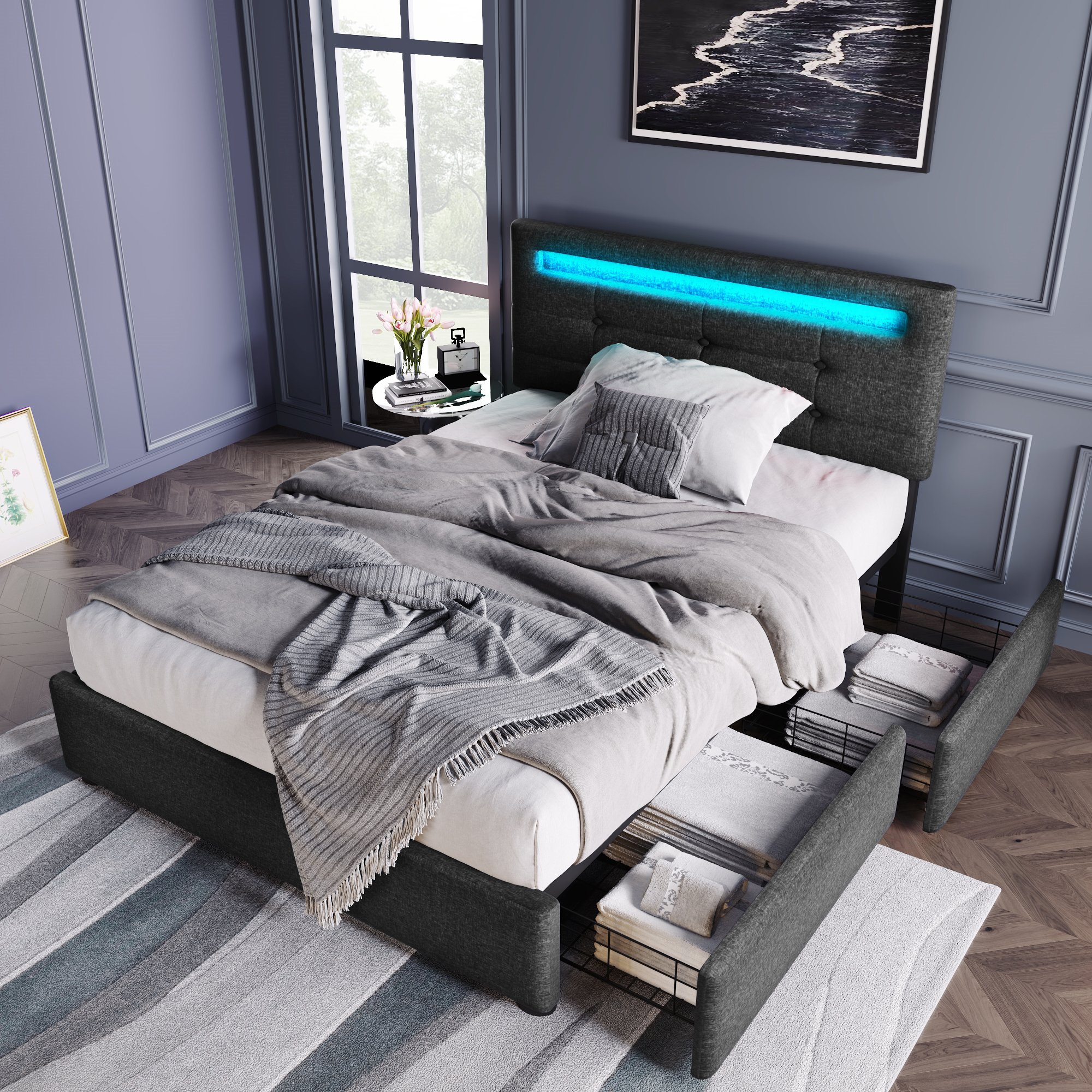 Lit LED 90x200 cm rembourré gris avec tête de lit réglable, sommier à lattes et 2 tiroirs de rangement