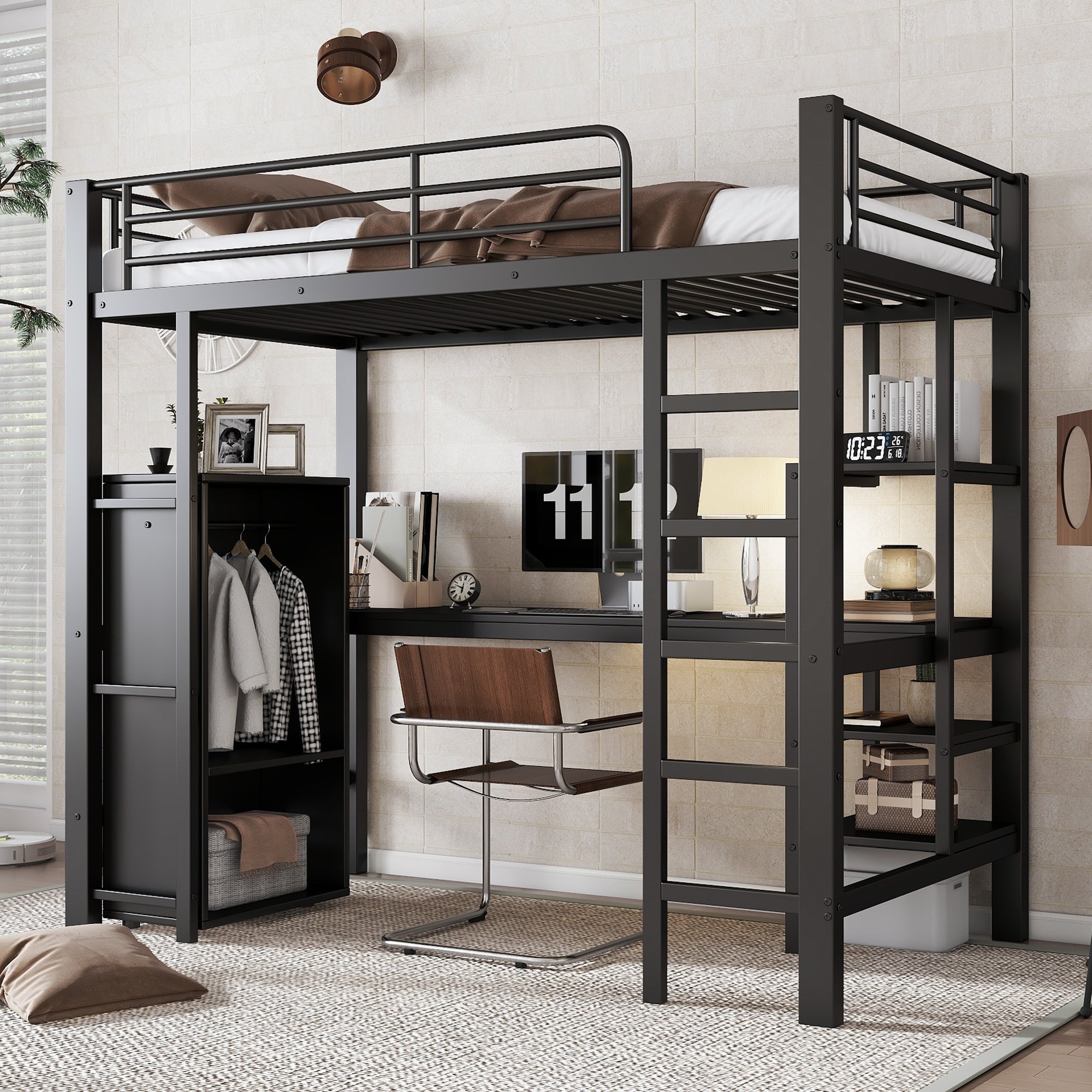 Lit superposé 90x200 avec bureau et armoire, échelle 5 marches, métal noir, pour enfants