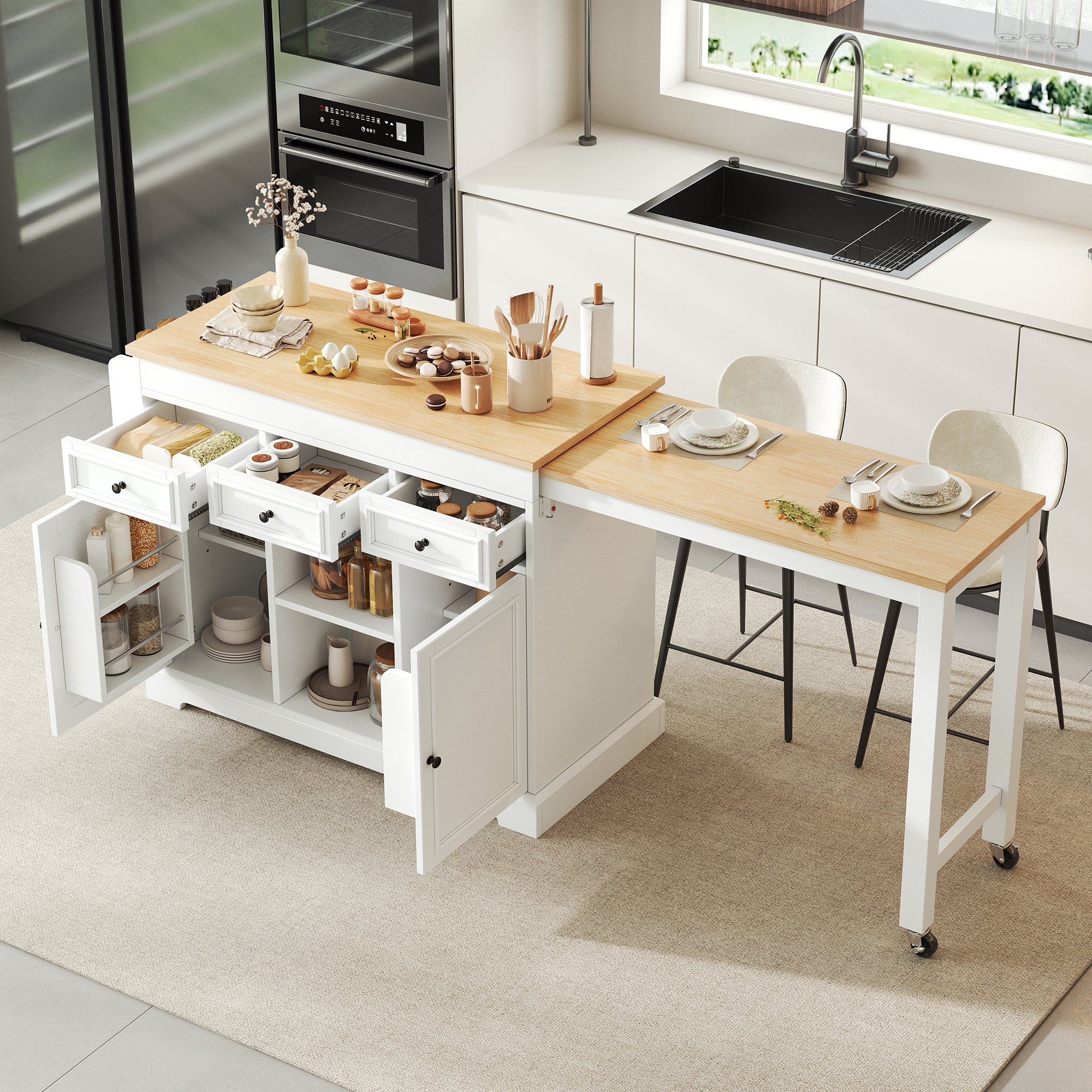 Îlot de cuisine sur roulettes avec plan de travail extensible et rangements, tiroirs, étagère à épices, blanc et bois naturel, Panneau composite de fibres de bois à densité