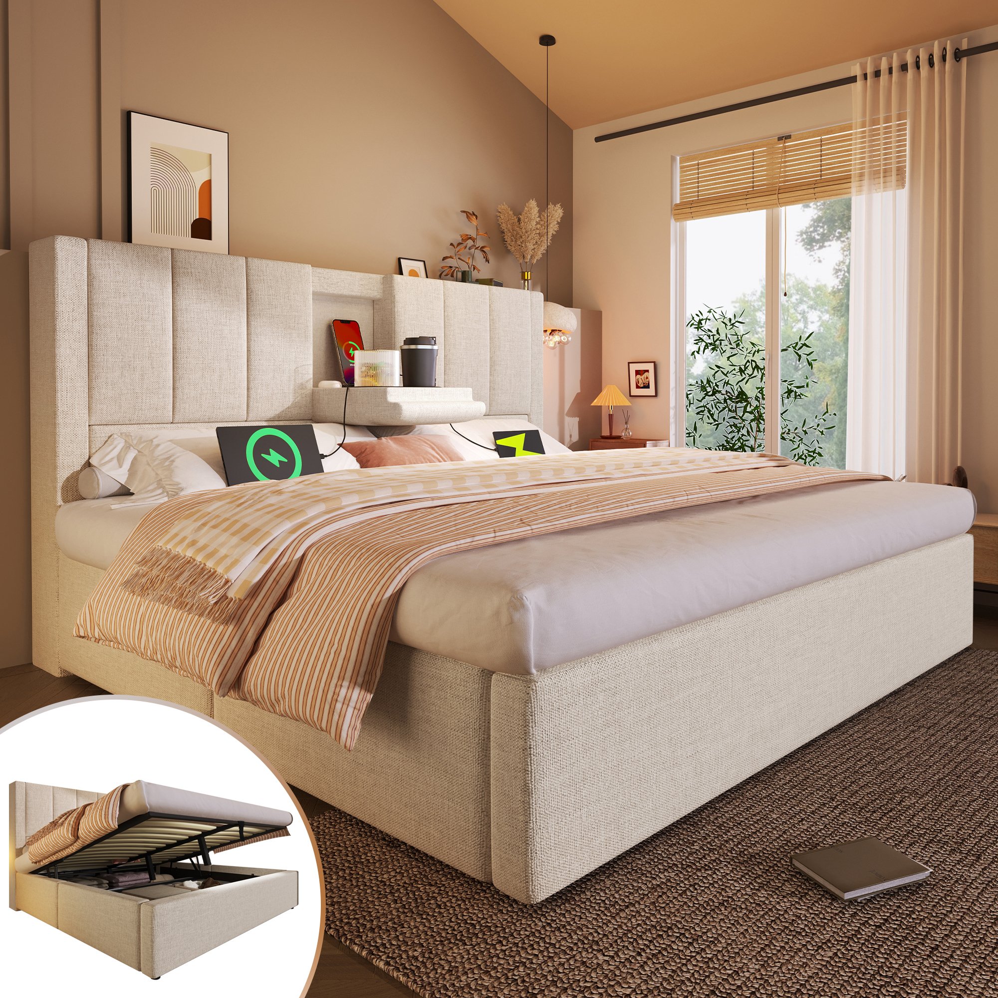 lit coffre 140x200 cm avec matelas 7 zones et sommier à lattes, structure renforcée capacité 300 kg beige