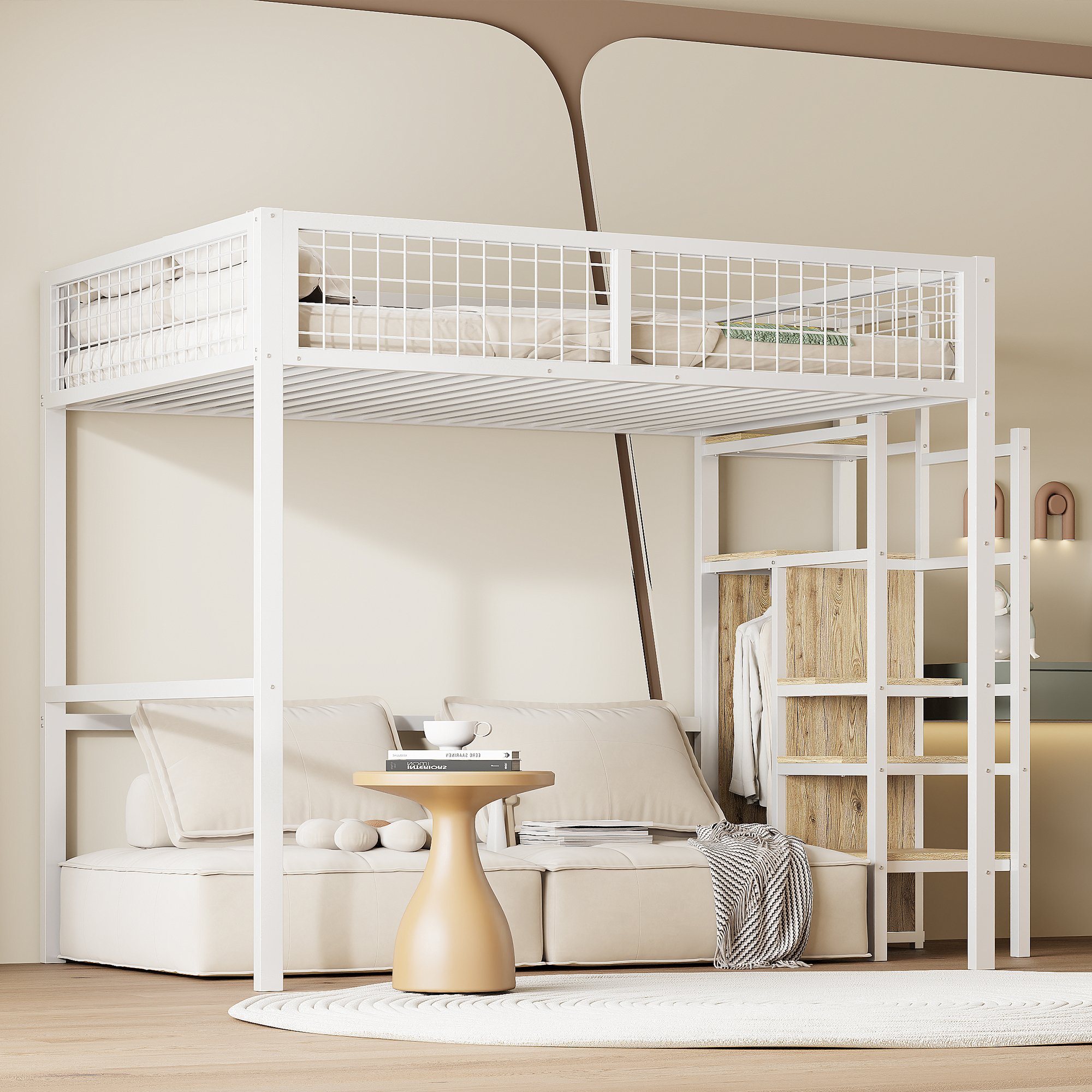 Lit mezzanine avec rangement et échelle de sécurité, lit enfant 140x200 avec armoire intégrée