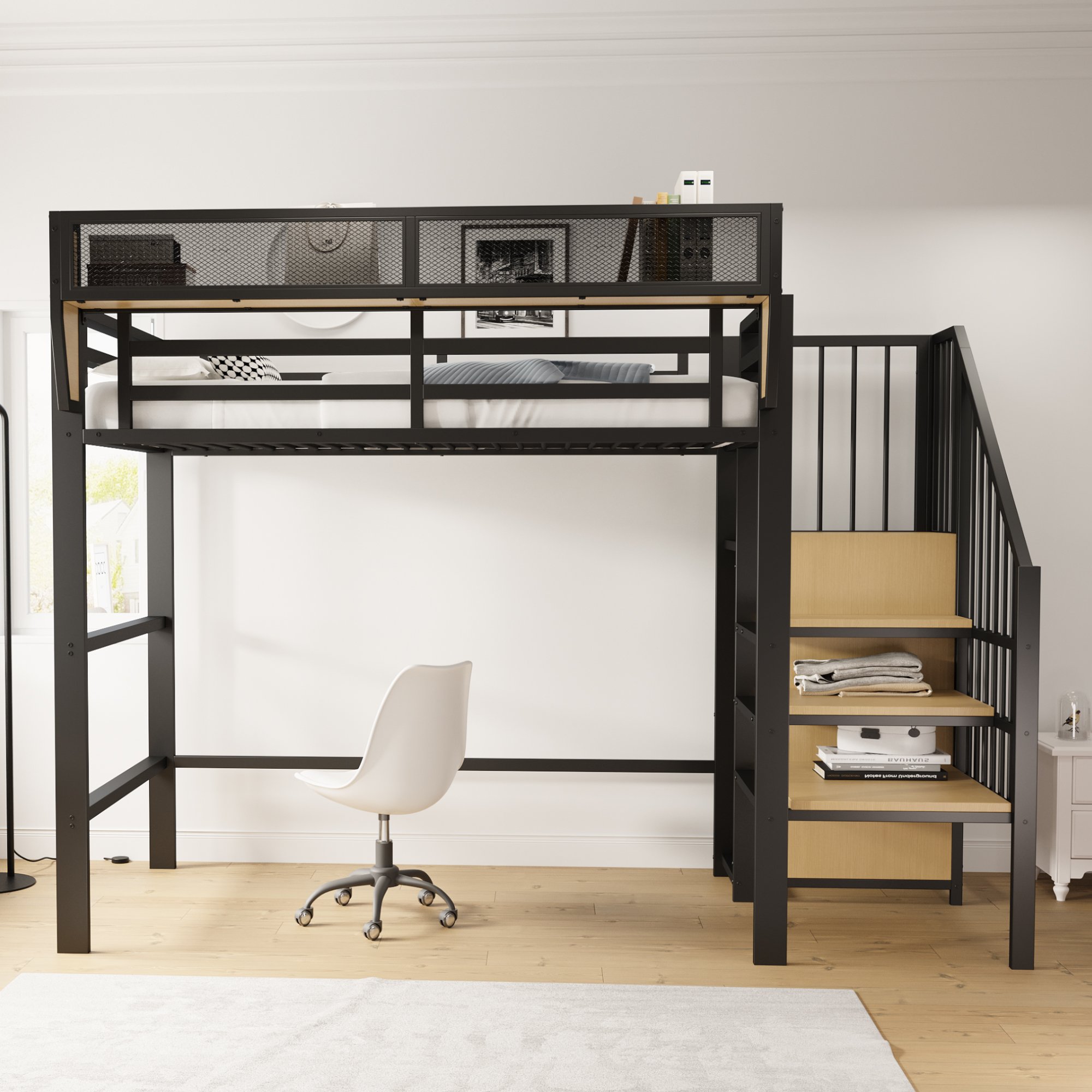Lit mezzanine avec échelle de sécurité et rangement flexible, couchage 90x200