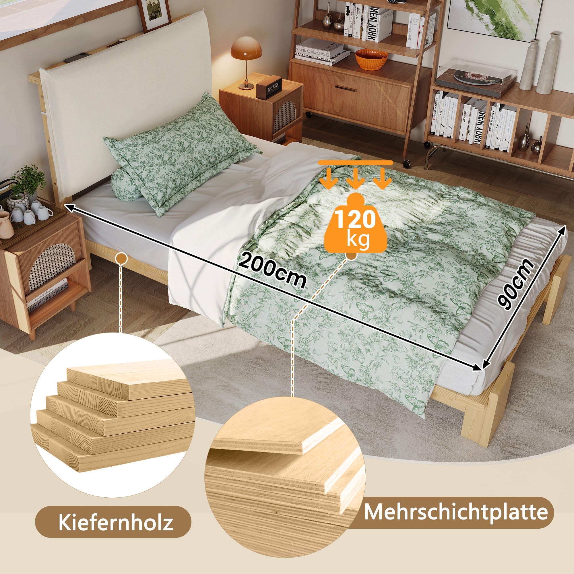 Lit capitonné 90x200 en bois naturel avec tête de lit rembourrée et sommier à lattes