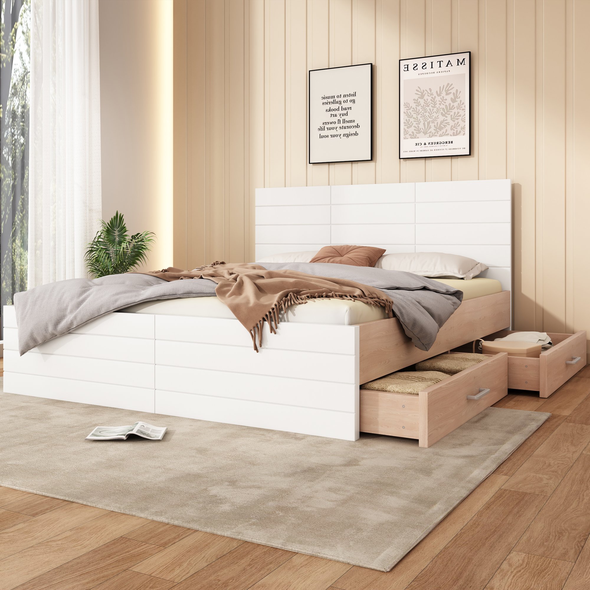 Lit double 160x200 avec sommier à lattes, lit coffre blanc chêne clair avec 2 tiroirs et rangement sous le matelas