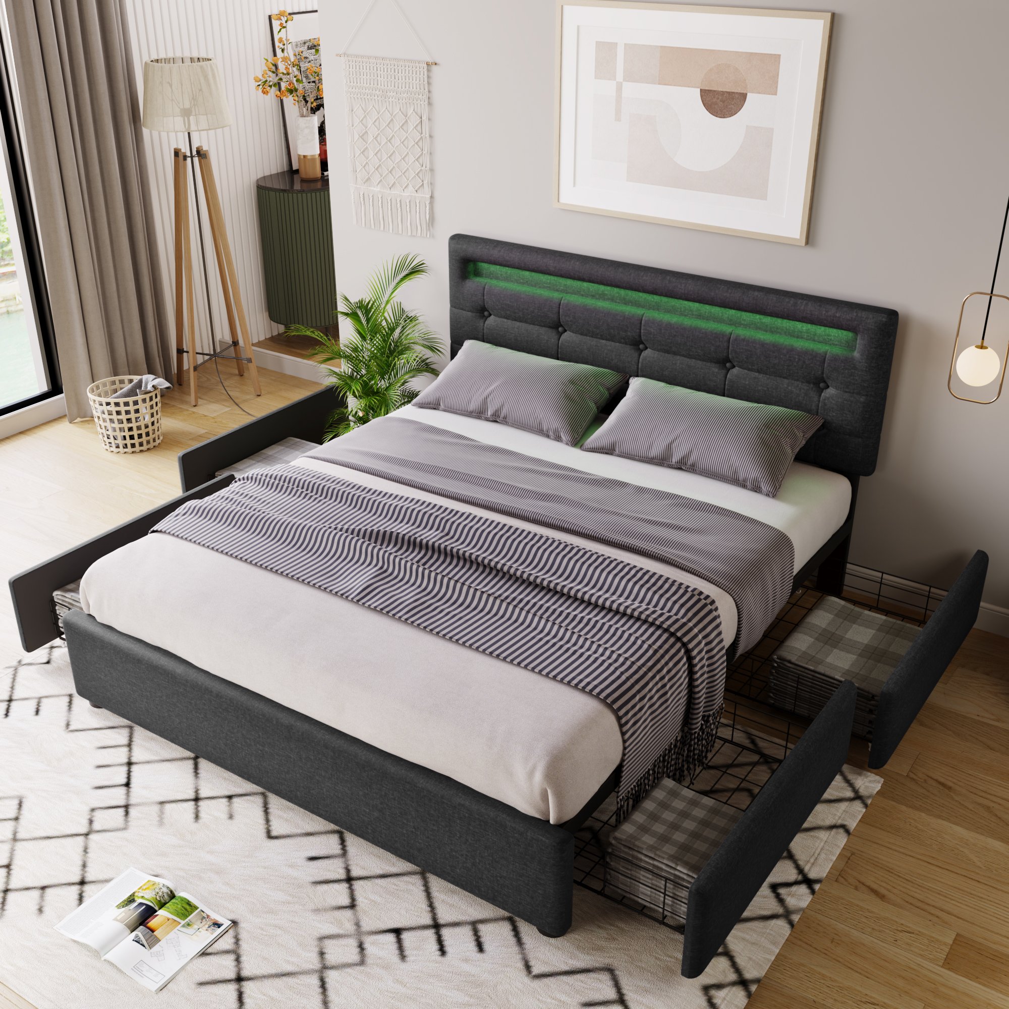 Lit double rembourré 140x200 avec LED et matelas ressorts, sommier à lattes, 4 tiroirs gris et tête de lit réglable