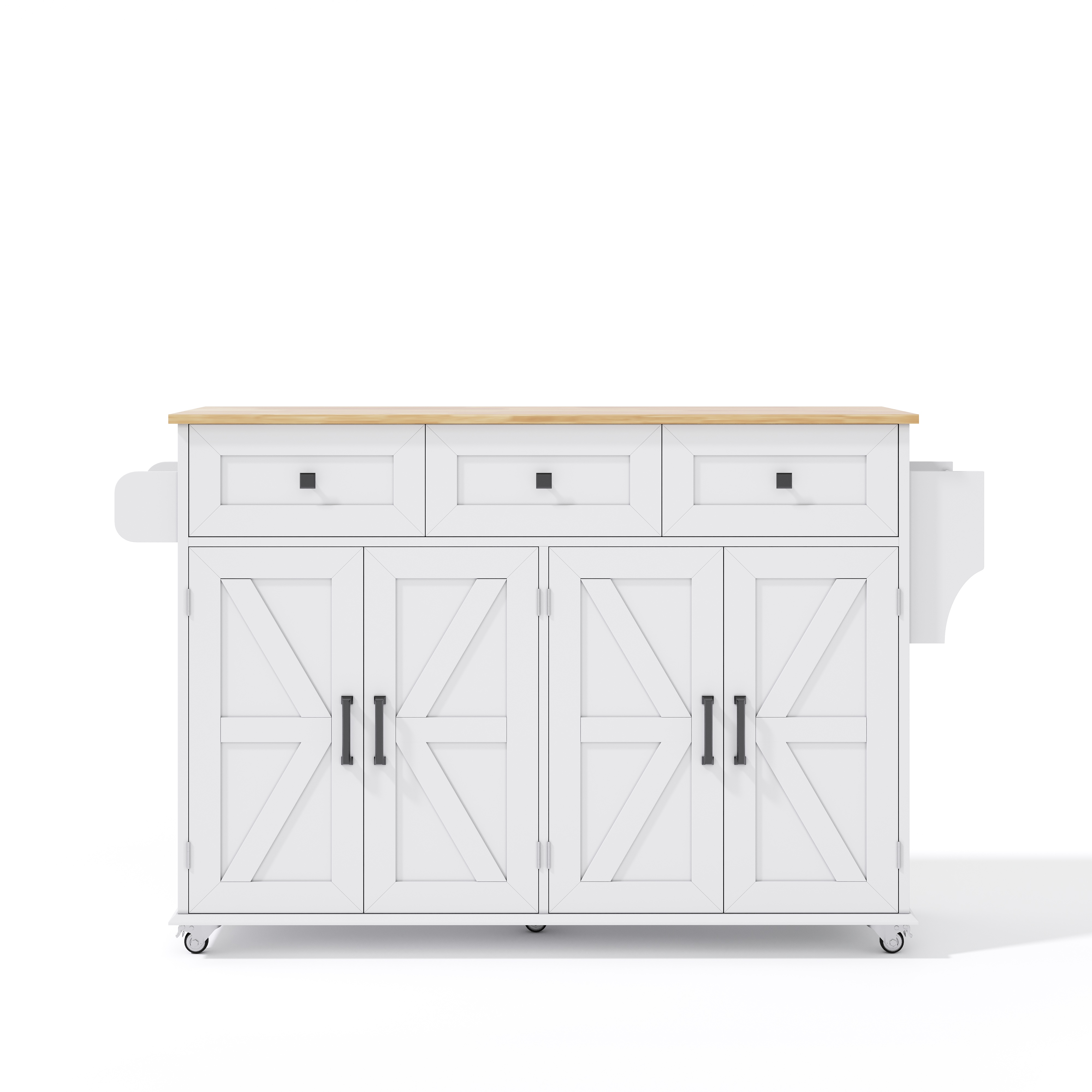 Petit îlot de cuisine blanc sur roulettes avec rangement, plan de travail rabattable, 4 portes, 3 tiroirs, 140x70x90,5 cm